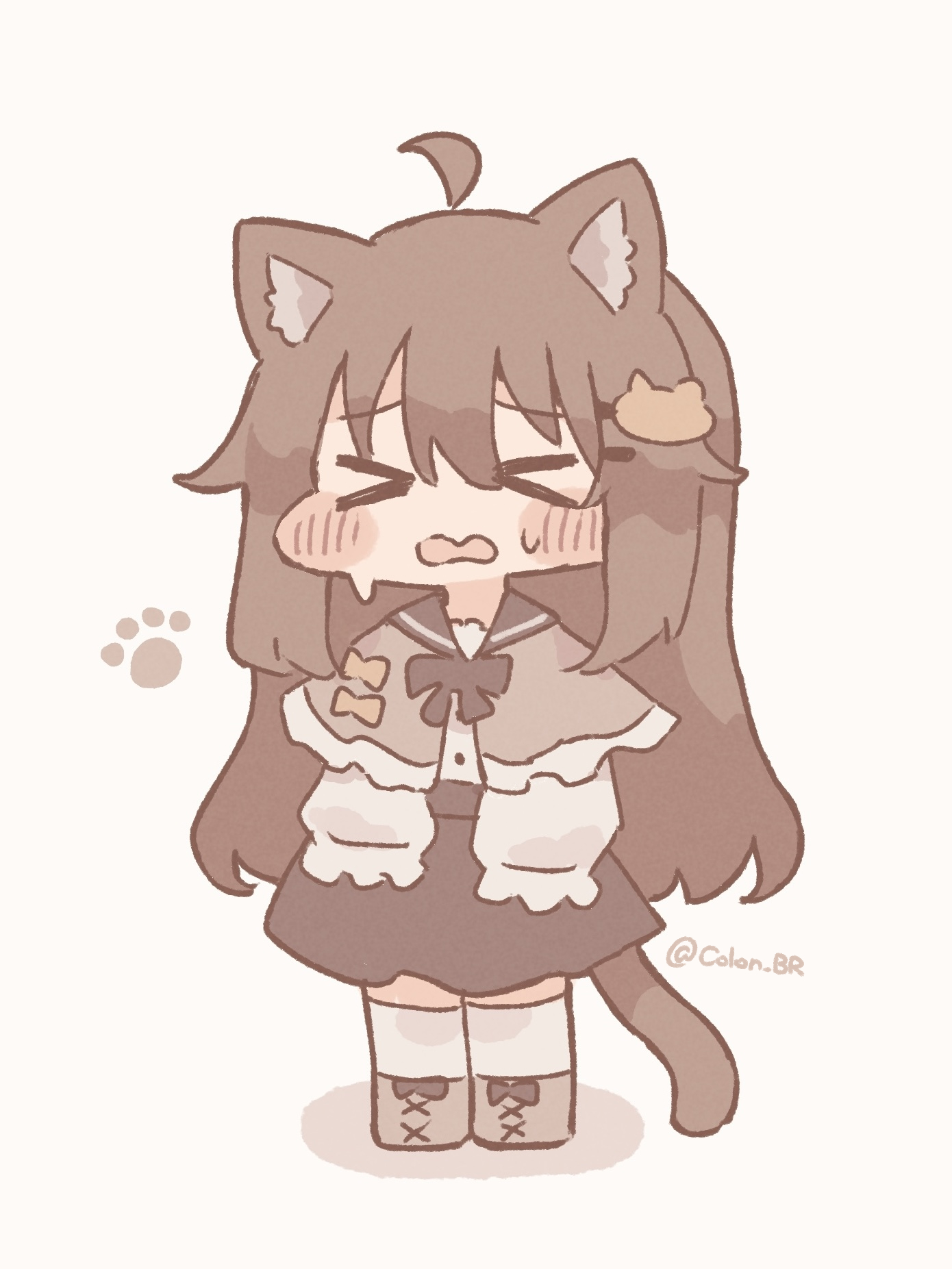 colon br, biachan (colon br), original, commentary request, highres, > <, 1girl, ahoge, animal ear fluff, animal ears, black skirt, blush stickers, brown hair, capelet, cat ears, cat girl, cat hair ornament, cat tail, chibi, chibi only, closed eyes, frilled capelet, frills, full body, grey capelet, hair between eyes, hair ornament, long hair, long sleeves, open mouth, paw print, shirt, sidelocks, simple background, skirt, solo, standing, sweat, tail, thighhighs, twitter username, very long hair, white background, white shirt, white thighhighs