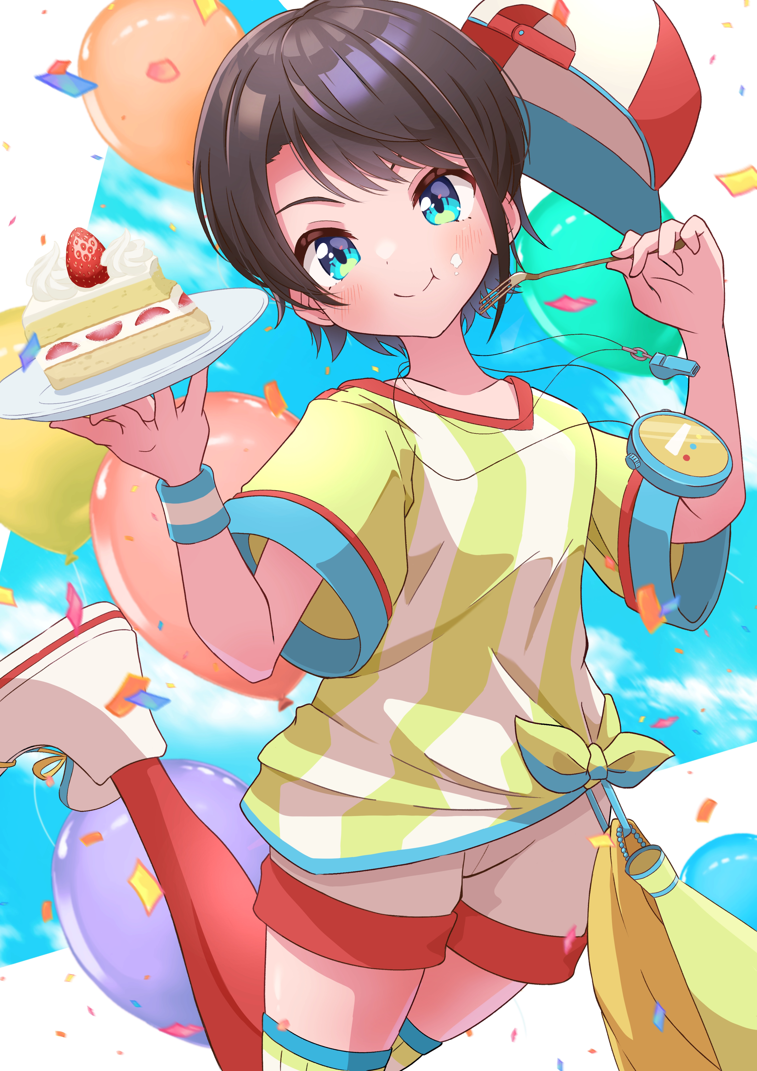 refisa, oozora subaru, oozora subaru (1st costume), hololive, absurdres, highres, 1girl, blue eyes, blush, brown hair, cake, closed mouth, food, fork, hat, holding, holding fork, holding plate, looking at viewer, plate, red hat, shirt, shoes, short hair, shorts, smile, solo, stopwatch, stopwatch around neck, strawberry shortcake, striped clothes, striped shirt, unworn hat, unworn headwear, virtual youtuber, watch, whistle, whistle around neck, white shoes, white shorts, yellow shirt