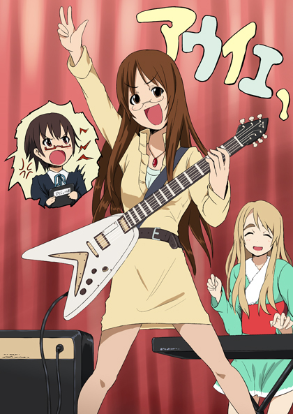 tomihero, kotobuki tsumugi, manabe nodoka, yamanaka sawako, k-on!, bad id, bad pixiv id, 00s, 3girls, amplifier, angry, belt, blonde hair, brown eyes, brown hair, costume, dress, gibson flying v, glasses, guitar, instrument, keyboard, keyboard (instrument), long hair, multiple girls, pantyhose, sweater, sweater dress, synthesizer, teacher, v