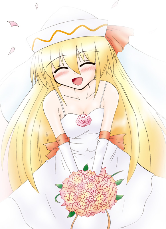 ryutotoranoikkiuchi, lily white, touhou, bad id, bad pixiv id, 1girl, bare shoulders, blonde hair, blush, bouquet, bride, closed eyes, dress, elbow gloves, female focus, flower, gloves, hat, long hair, smile, solo, wedding dress, white background