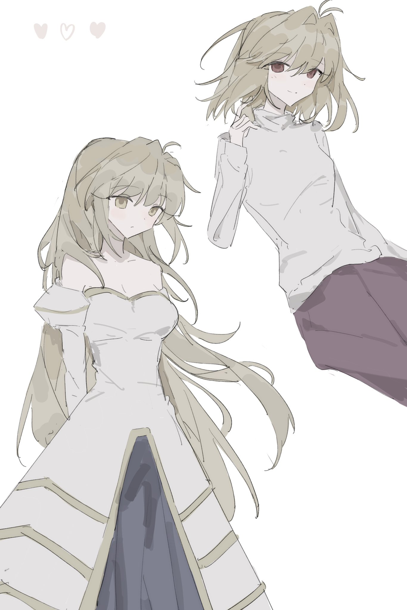 dongxunyu, archetype earth, arcueid brunestud, tsukihime, highres, 2girls, ahoge, arms behind back, bare shoulders, blonde hair, blue skirt, blush, detached sleeves, dress, dual persona, floating hair, gold trim, hair between eyes, hair intakes, long hair, looking at viewer, multiple girls, mystic eyes of enchantment, purple skirt, red eyes, short hair, skirt, smile, sweater, turtleneck, turtleneck sweater, very long hair, wavy hair, white dress, white sweater, yellow eyes