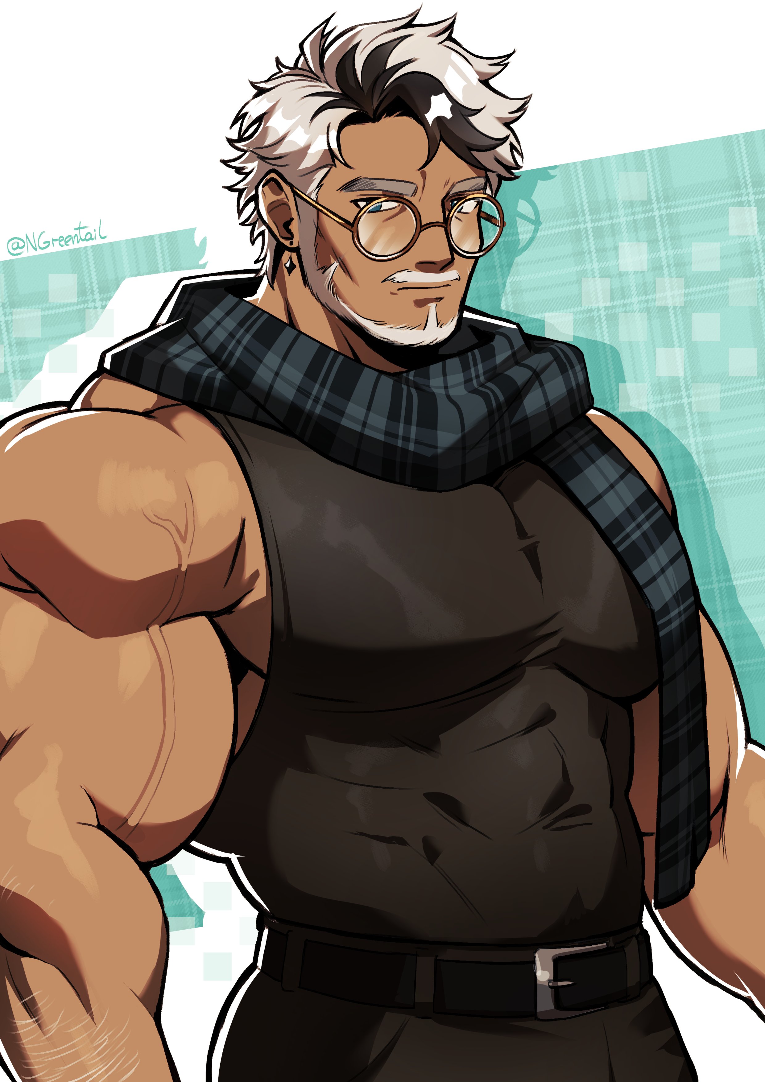 nifast (greentail), original, absurdres, highres, 1boy, bara, bare shoulders, beard, belt, black hair, blue eyes, cowboy shot, earrings, expressionless, facial hair, full beard, glasses, grey hair, huge pectorals, jewelry, looking at viewer, male focus, mature male, multicolored hair, muscular, muscular male, pectorals, round eyewear, scarf, shirt, shredded muscles, sidepec, solo, standing, streaked hair, tan, taut clothes, taut shirt, thick arms, thick eyebrows, veins, veiny arms