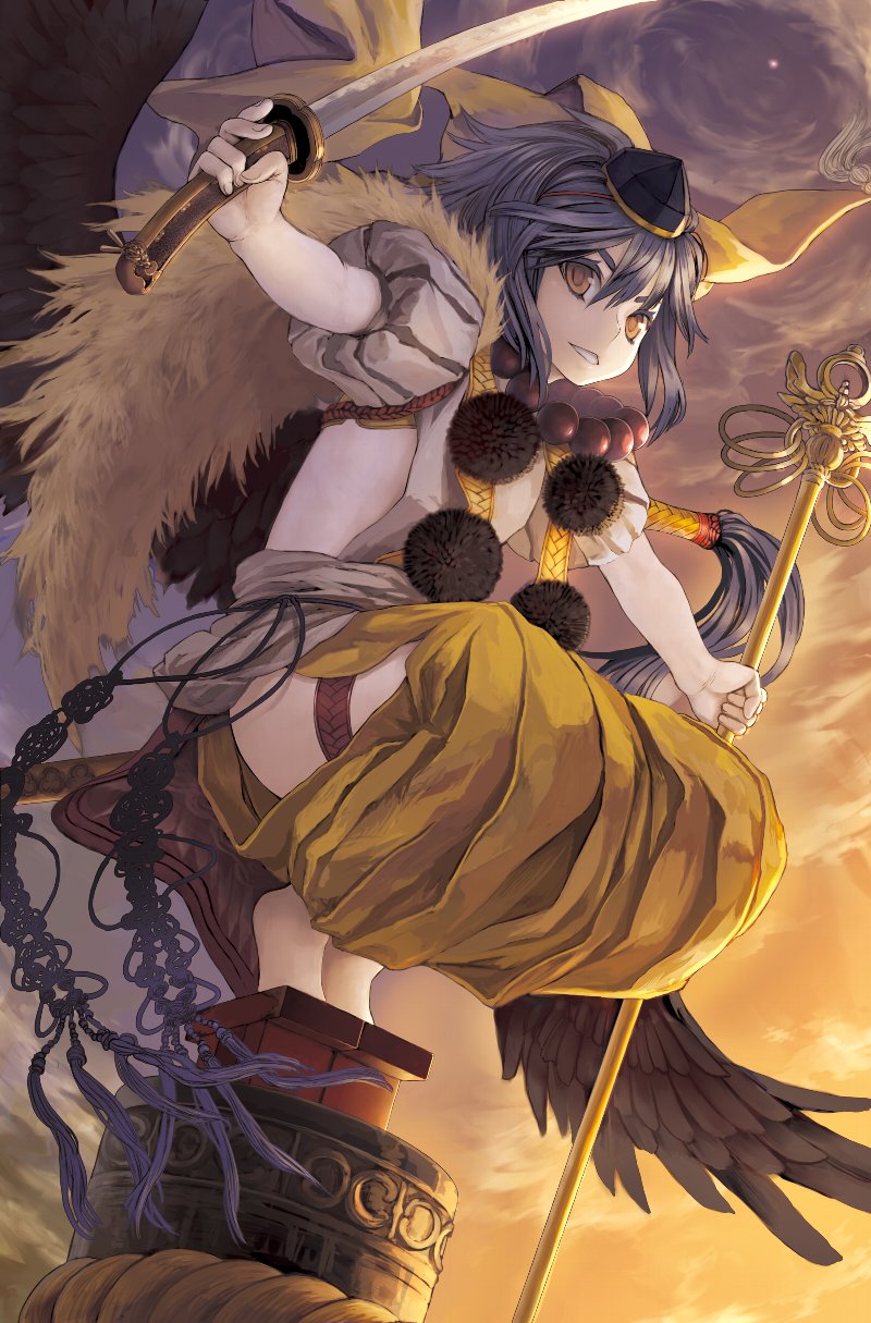 masakichi, kurama tengu, moe moe youkai jiten zero, gender request, highres, 1girl, black hair, female focus, genderswap, geta, hat, katana, monster girl, short hair, sky, solo, star (sky), sword, tengu, tengu-geta, tokin hat, weapon, wings