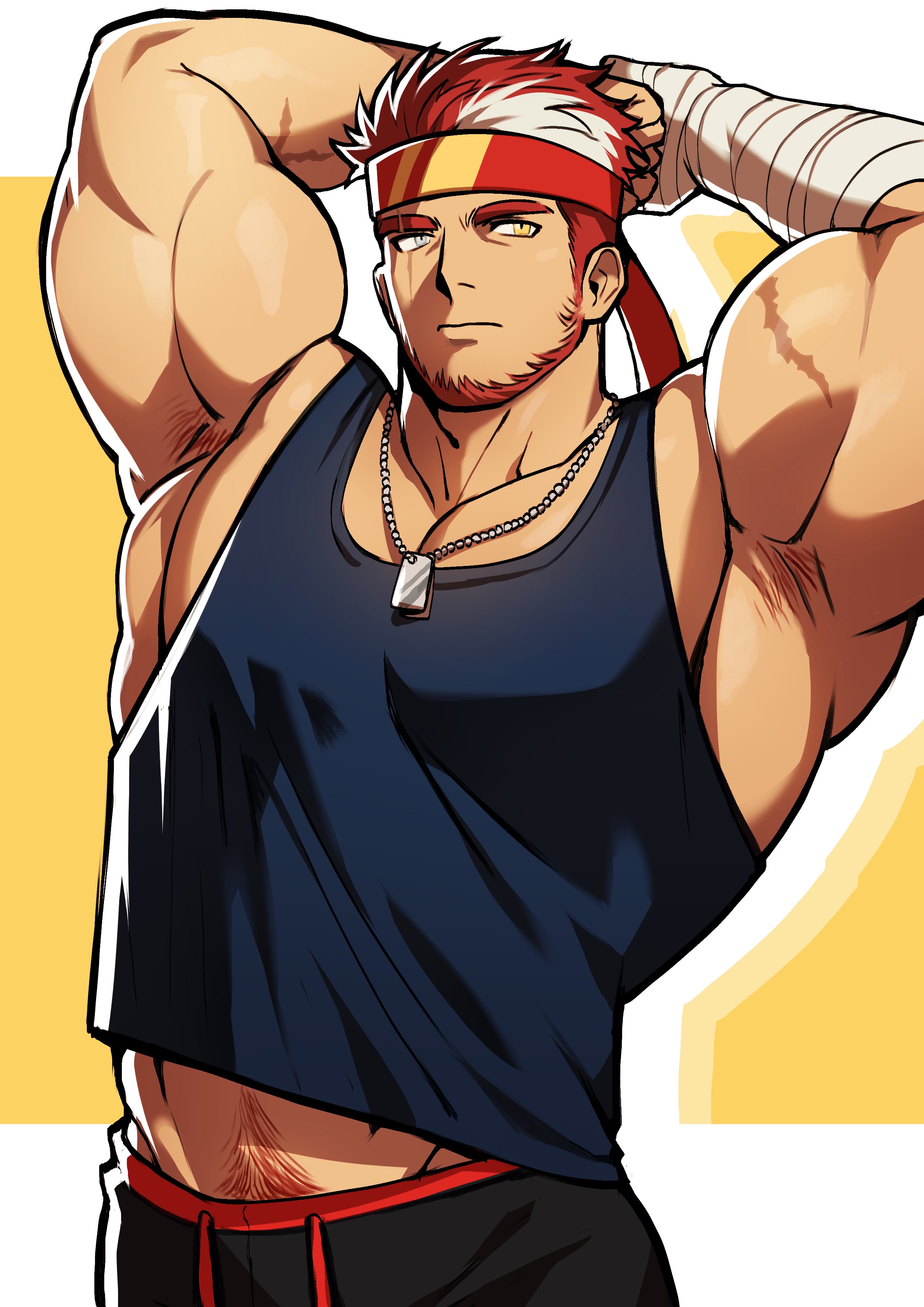 nifast (greentail), ryuugen drake, indie virtual youtuber, absurdres, highres, 1boy, armpit hair, armpits, arms up, bandaged arm, bandages, bara, biceps, blue tank top, cowboy shot, headband, heterochromia, large pectorals, male focus, mature male, midriff peek, multicolored hair, muscular, muscular male, navel hair peek, pectoral cleavage, pectorals, red hair, red headband, scar, scar across eye, scar on face, short hair, sidepec, solo, standing, streaked hair, tank top, thick navel hair, virtual youtuber, white hair
