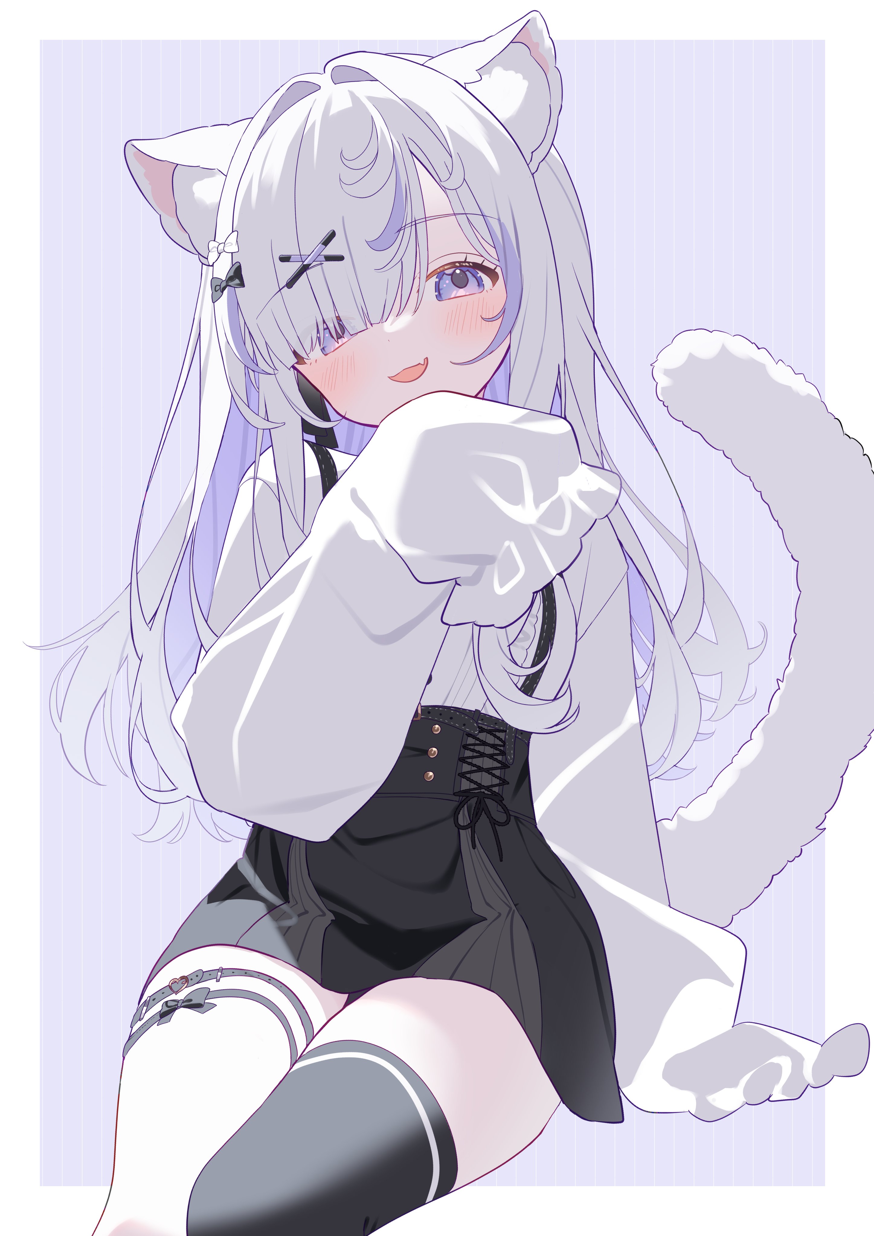 indie virtual youtuber, absurdres, commission, highres, second-party source, skeb commission, 1girl, :d, animal ears, black skirt, black thighhighs, border, bow, breasts, cat ears, cat girl, cat tail, escape 25dm, fang, hair bow, hair ornament, hand up, high-waist skirt, invisible chair, long hair, long sleeves, looking at viewer, medium breasts, miniskirt, multicolored hair, neko mofuru, open mouth, puffy long sleeves, puffy sleeves, purple background, purple eyes, purple hair, shirt, single thighhigh, sitting, skin fang, skirt, sleeves past fingers, sleeves past wrists, smile, suspender skirt, suspenders, tail, thigh strap, thighhighs, two-tone hair, white border, white hair, white shirt, x hair ornament
