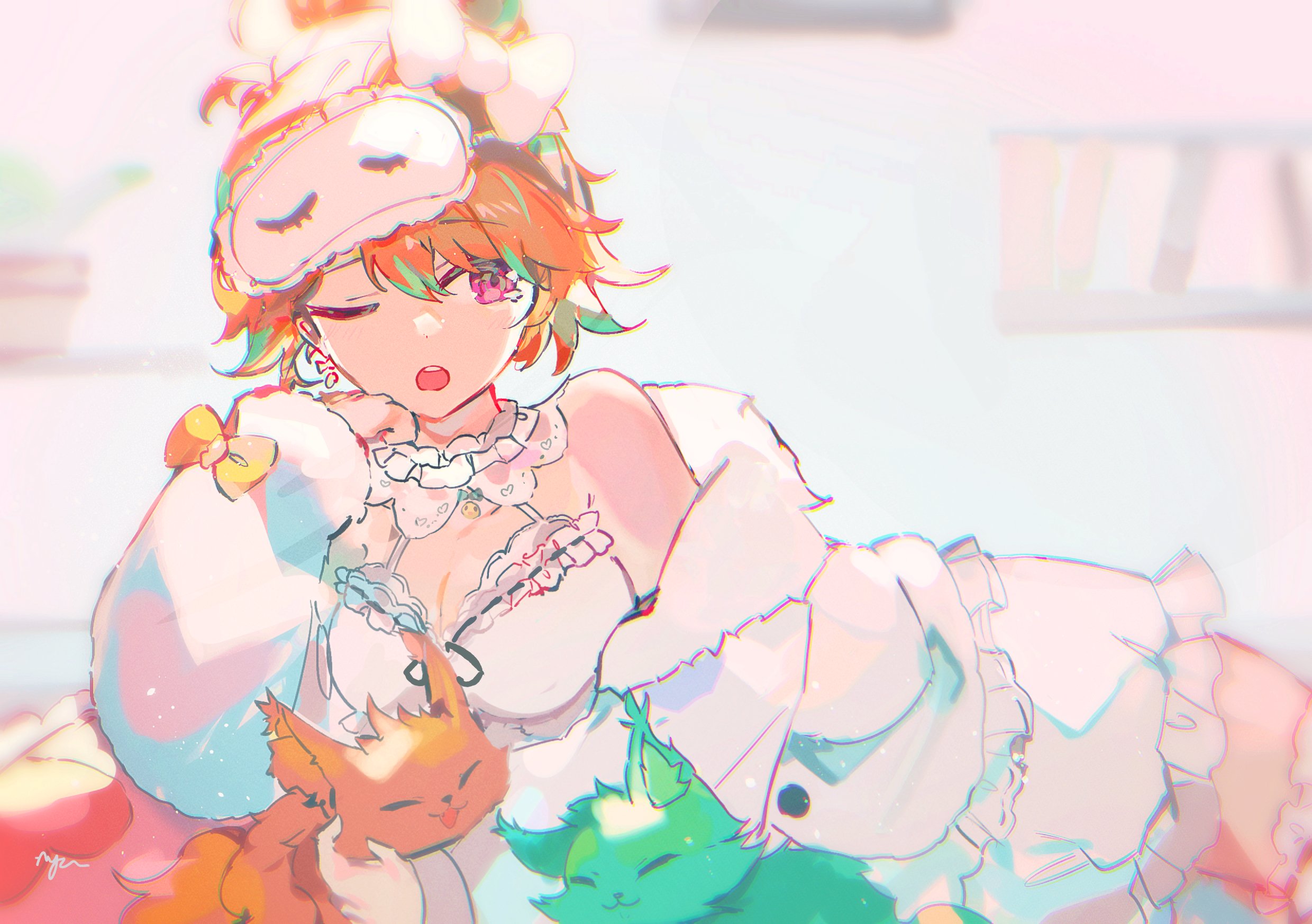 miya (ikanyaide), chonkers (takanashi kiara), smoothie (takanashi kiara), takanashi kiara, hololive, hololive english, commentary, english commentary, highres, 1girl, bare shoulders, cat, fluffy clothes, fur jacket, green hair, jacket, lace-trimmed nightgown, multicolored hair, official alternate costume, official alternate hairstyle, one eye closed, open mouth, orange hair, purple eyes, simple background, sleep mask, solo, takanashi kiara (cozy), two-tone hair, virtual youtuber