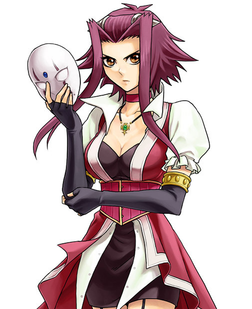 izayoi aki, yu-gi-oh!, yu-gi-oh! 5d's, non-web source, 00s, 1girl, akiza, breasts, choker, cleavage, corset, elbow gloves, female focus, gloves, gold trim, jewelry, large breasts, mask, necklace, purple hair, red hair, short hair with long locks, solo