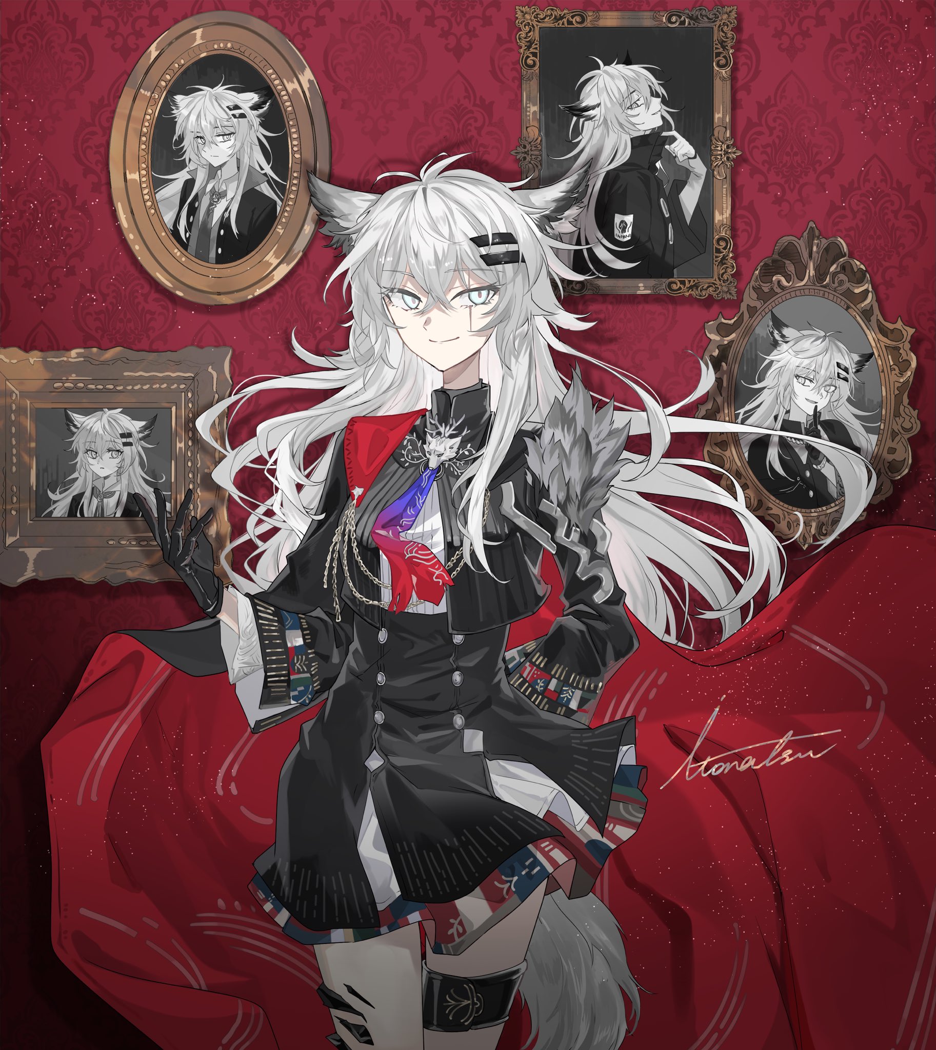 itonatsu, lappland (arknights), lappland the decadenza (arknights), arknights, commentary, highres, 1girl, aiguillette, animal ears, arm behind back, black gloves, black jacket, black skirt, bolo tie, cape, closed mouth, cowboy shot, floating cape, floating hair, gloves, grey tail, hair between eyes, hair ornament, hairclip, hand up, high-waist skirt, jacket, light particles, long hair, long sleeves, material growth, oripathy lesion (arknights), picture frame, red cape, scar, scar across eye, scar on face, skirt, smile, solo, standing, tail, white eyes, white hair, wolf ears, wolf girl, wolf tail