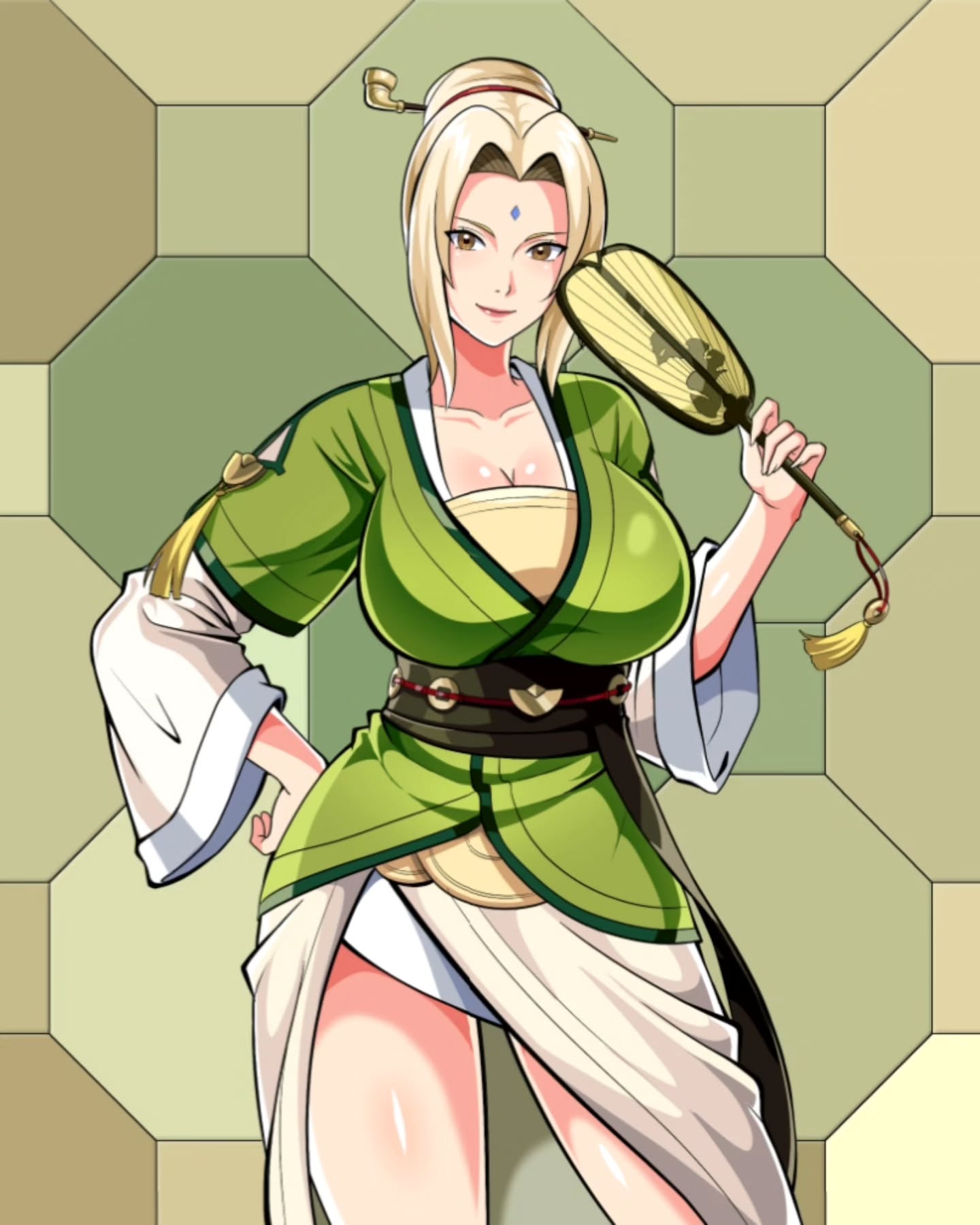 tsunade (naruto), naruto (series), aliasing, commentary, english commentary, highres, 1girl, blonde hair, breasts, brown eyes, cleavage, collarbone, contrapposto, cowboy shot, facial mark, forehead mark, hair bun, hand fan, hand on own hip, heyreza.art, high-low skirt, holding, holding fan, huge breasts, japanese clothes, obi, red lips, sash, single hair bun, smoking pipe, solo, wide sleeves