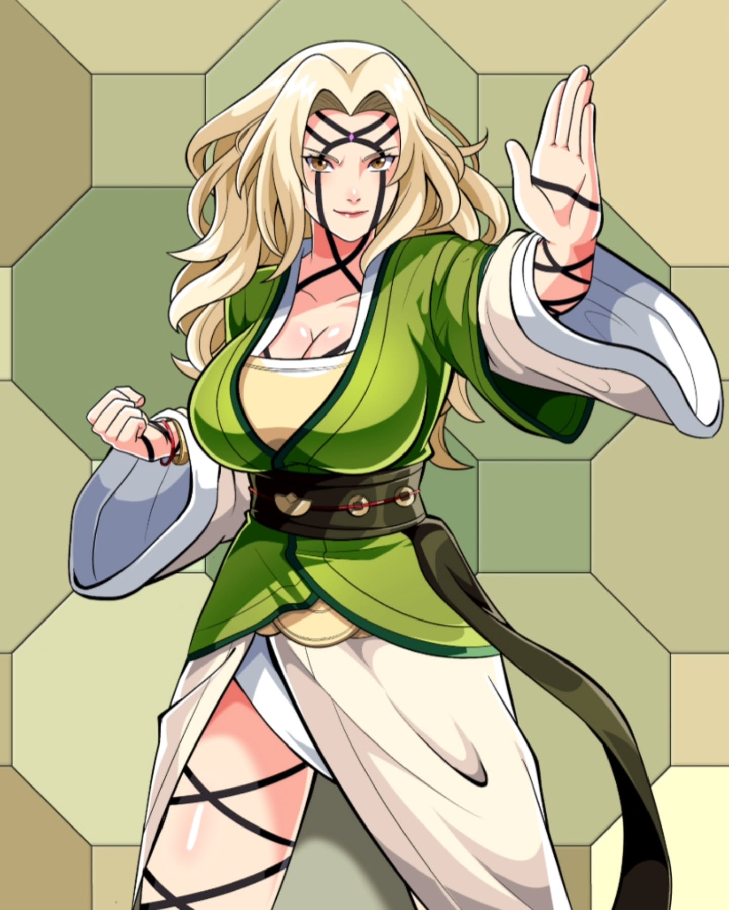 tsunade (naruto), naruto (series), aliasing, commentary, english commentary, highres, 1girl, blonde hair, breasts, brown eyes, byakugou no jutsu, cleavage, collarbone, cowboy shot, facial tattoo, fighting stance, full-body tattoo, heyreza.art, high-low skirt, huge breasts, japanese clothes, long hair, obi, red lips, sash, solo, tattoo, wide sleeves