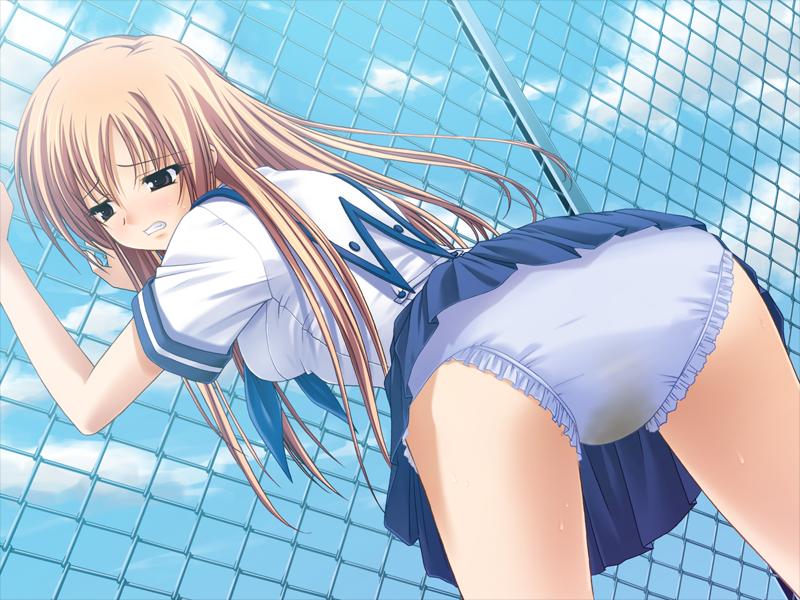 okuma masami, miyamori kaho, shakkin shimai, game cg, tagme, blonde hair, diaper, school uniform, skirt, upskirt, wet, wet diaper