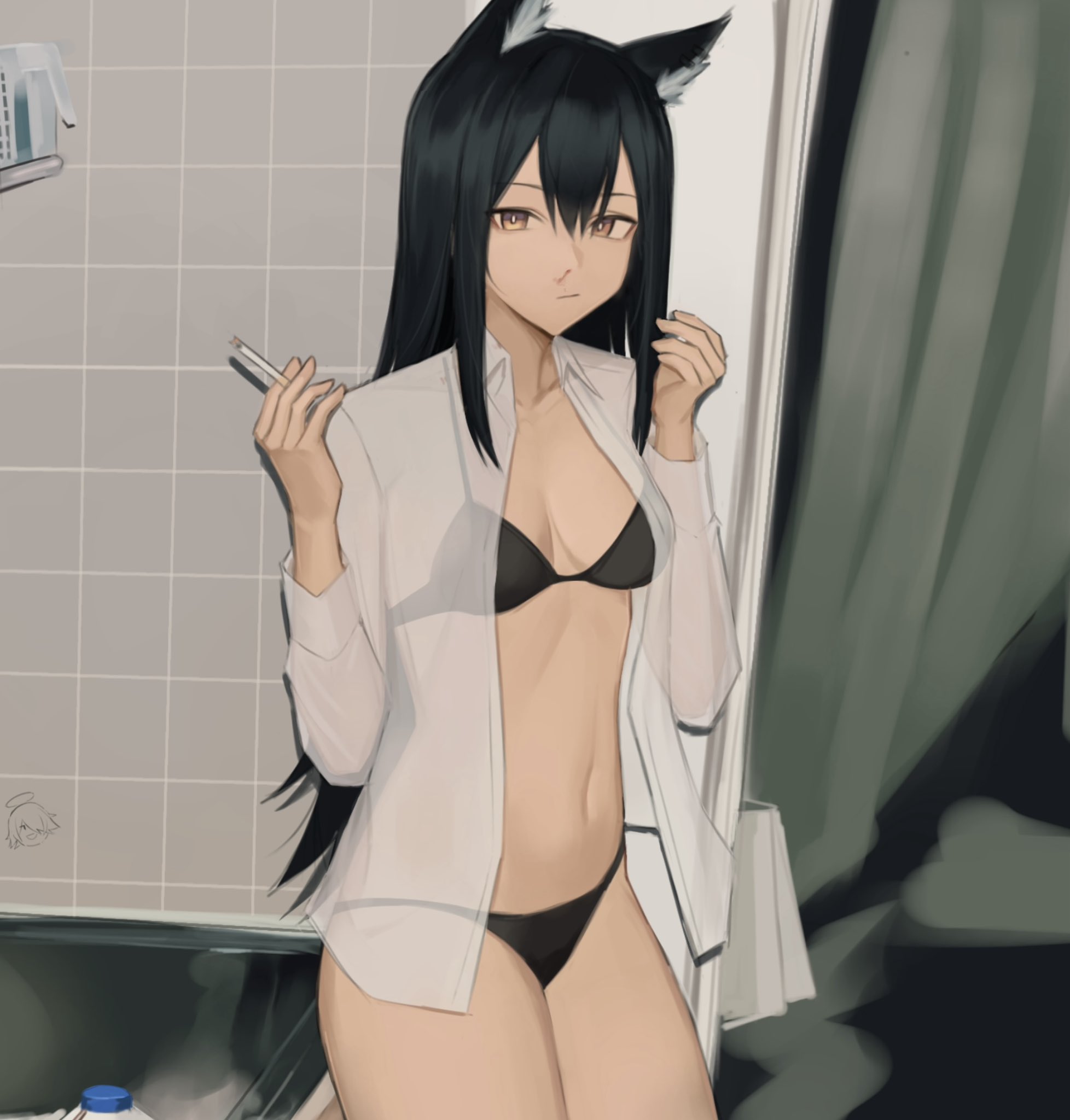 bajigurr, texas (arknights), arknights, hashtag-only commentary, highres, 1girl, alternate costume, animal ear fluff, animal ears, between fingers, black bra, black hair, black panties, blood, bra, breasts, bright pupils, cigarette, closed mouth, collared shirt, cowboy shot, hair between eyes, hands up, holding, holding cigarette, indoors, long hair, long sleeves, medium breasts, navel, nosebleed, open clothes, open shirt, panties, see-through clothes, see-through shirt, see-through sleeves, shirt, solo, standing, underwear, white pupils, white shirt, wolf ears, wolf girl, yellow eyes