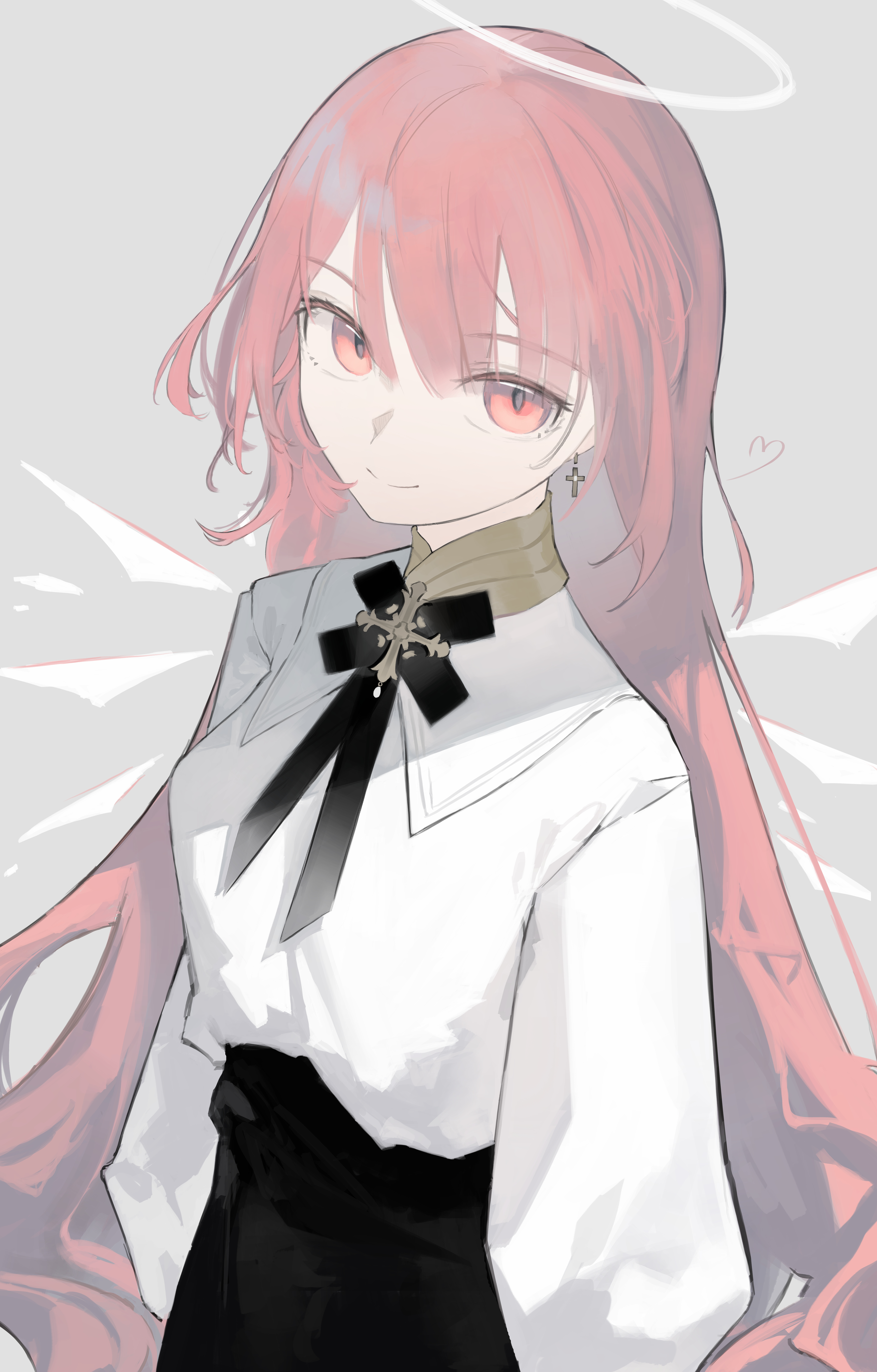 nero (nero nyam), lemuen (arknights), arknights, absurdres, commentary, highres, korean commentary, 1girl, black skirt, closed mouth, cross, cross earrings, detached wings, earrings, grey background, halo, high collar, jewelry, latin cross, long hair, long sleeves, looking at viewer, pink eyes, pink hair, shirt, simple background, skirt, smile, solo, traditional halo, upper body, white halo, white shirt, wings