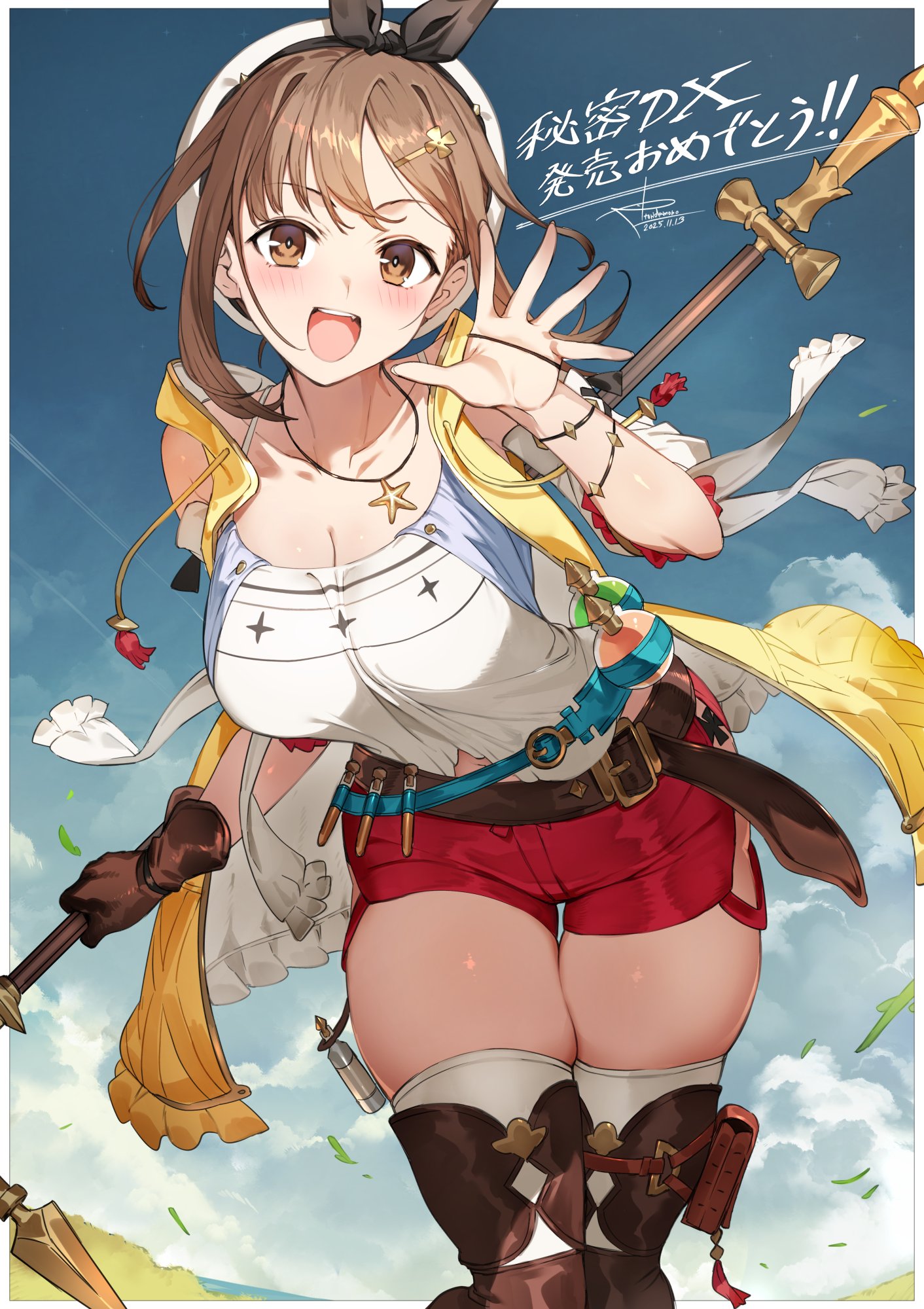 toridamono, reisalin stout, atelier (series), atelier ryza, atelier ryza 1, commentary request, highres, official art, 1girl, :d, beret, blue sky, blush, breasts, brown eyes, brown gloves, brown hair, brown thighhighs, cleavage, cloud, day, gloves, hat, holding, holding weapon, jewelry, large breasts, looking at viewer, necklace, open mouth, outdoors, red shorts, short hair, short shorts, shorts, single glove, sky, smile, solo, star (symbol), star necklace, teeth, thick thighs, thigh gap, thighhighs, thighs, upper teeth only, weapon, white hat, white thighhighs