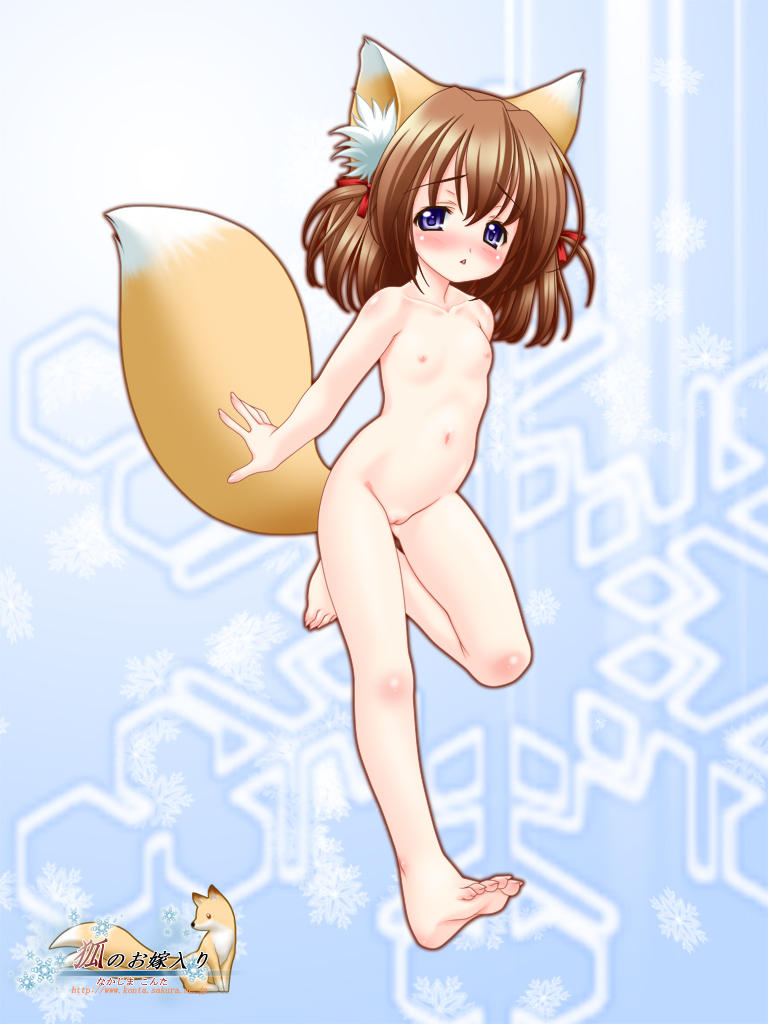 nakajima konta, tsurara (snow fox), snow fox, 1girl, animal ears, barefoot, blue eyes, blush, brown hair, cleft of venus, feet, female focus, flat chest, fox ears, fox tail, loli, nipples, nude, pussy, solo, tail, toes, uncensored