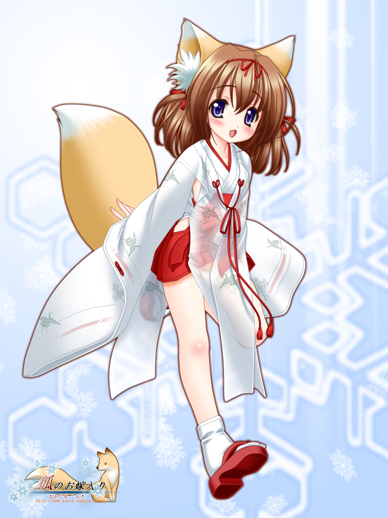 nakajima konta, tsurara (snow fox), snow fox, 1girl, adapted uniform, animal ears, child, clothing cutout, female focus, fox ears, fox tail, hip vent, japanese clothes, miko, okobo, platform sandals, sandals, solo, tail