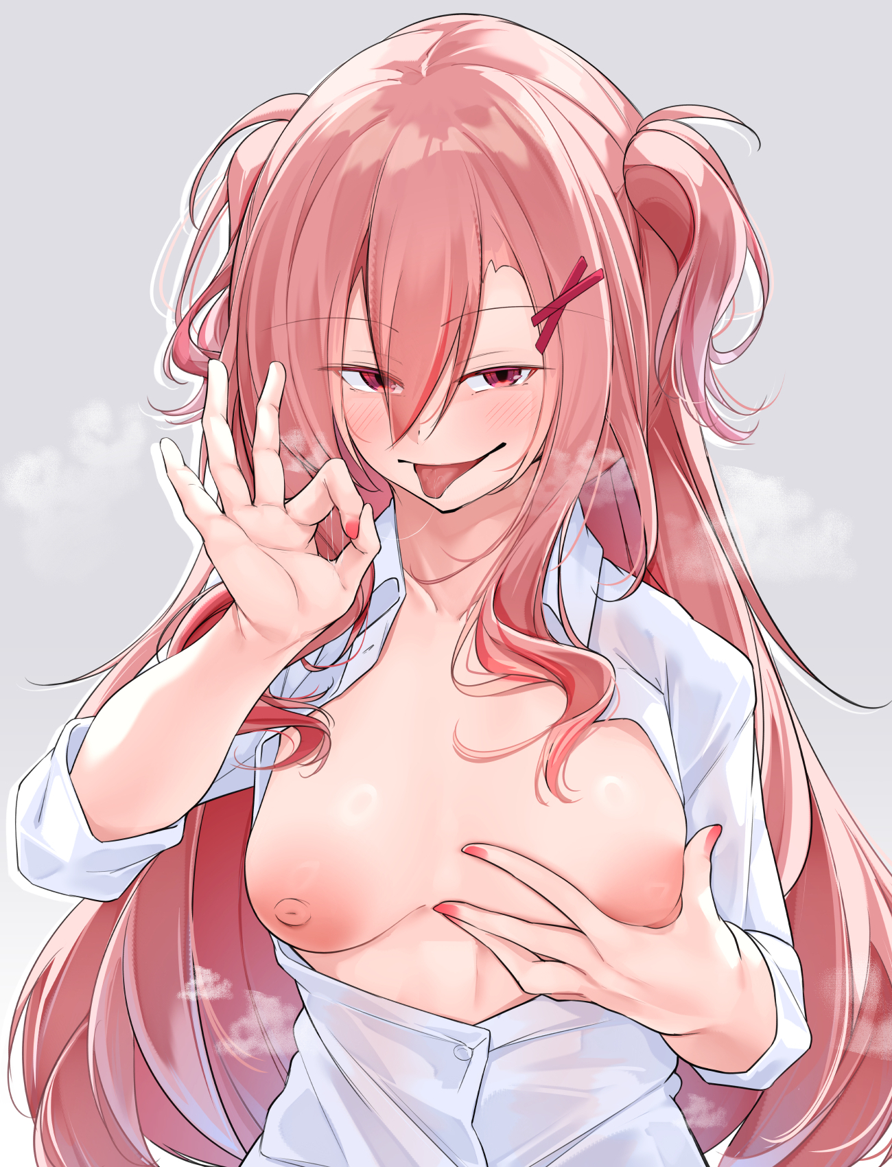 oriue wato, original, highres, 1girl, blush, breasts, fellatio gesture, hair ornament, long hair, long sleeves, looking at viewer, medium breasts, nipples, open mouth, partially unbuttoned, pink hair, pink nails, red eyes, shirt, smile, solo, swimsuit, tongue, tongue out, two side up, upper body, white shirt, x hair ornament