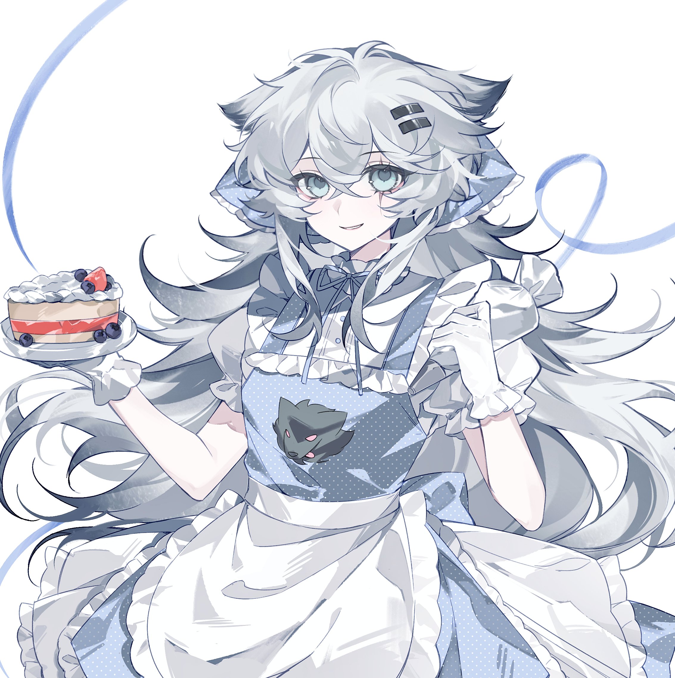 lappland (arknights), arknights, commentary, highres, symbol-only commentary, 1girl, alternate costume, animal ears, apron, blue dress, blue eyes, cake, cake slice, cream, crossed bangs, dress, food, frilled apron, frills, gloves, grey hair, hair between eyes, hair ornament, hairclip, holding, holding plate, kuraudoberi, long hair, pinafore dress, plate, polka dot, polka dot dress, puffy short sleeves, puffy sleeves, shirt, short sleeves, simple background, sleeveless, sleeveless dress, smile, solo, unmoving pattern, waist apron, white apron, white background, white gloves, white shirt, wolf ears, wolf girl