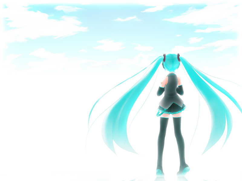 utou yoshio, hatsune miku, vocaloid, aqua hair, back, from behind, long hair, solo, thighhighs, twintails, very long hair, zettai ryouiki
