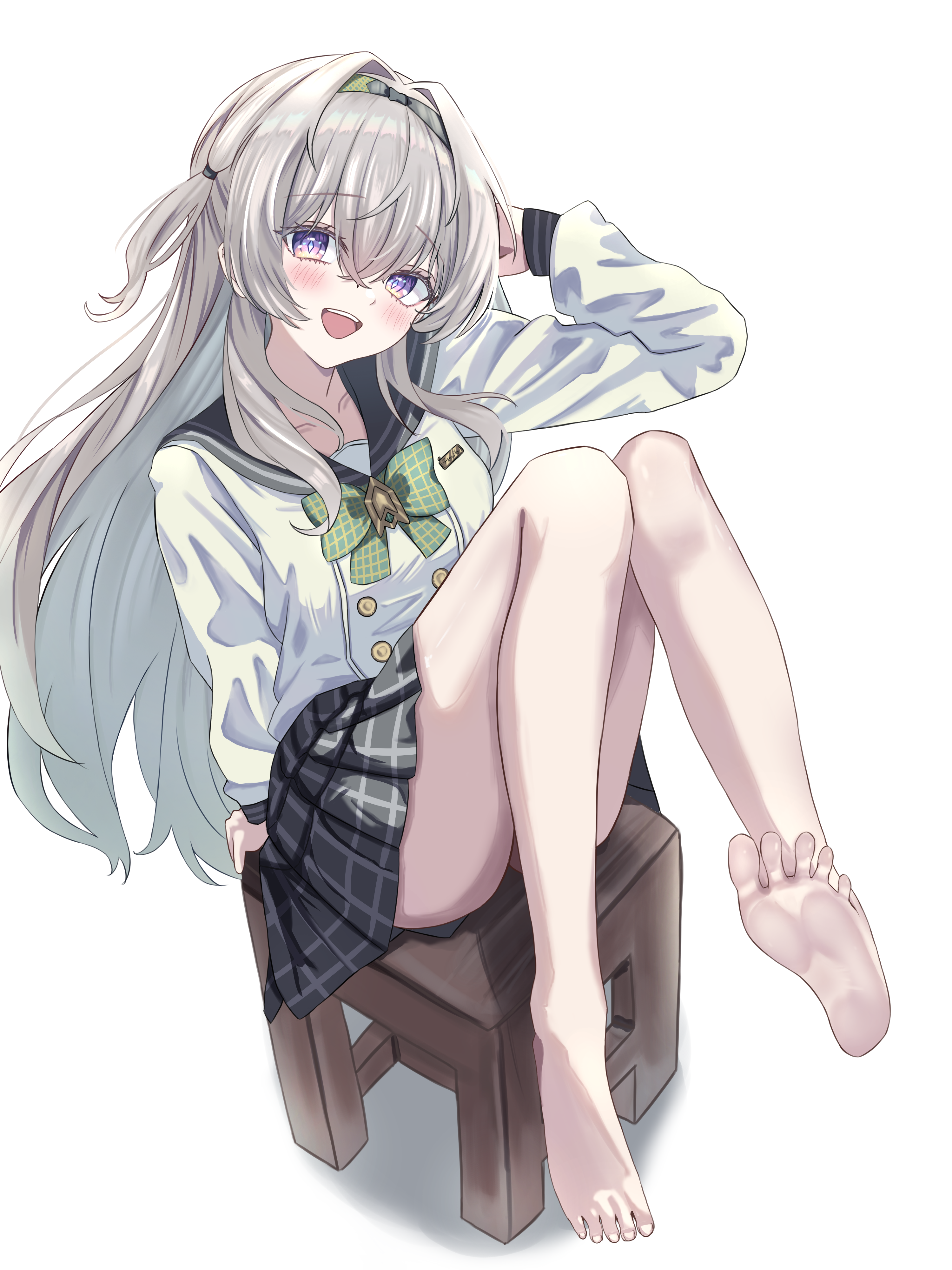 rn (rena), firefly (honkai: star rail), firefly (spring missive) (honkai: star rail), honkai: star rail, honkai (series), absurdres, highres, 1girl, arm behind back, bare arms, black sailor collar, blush, bow, chair, green bow, grey hair, grey skirt, hair between eyes, hair ornament, long sleeves, looking at viewer, official alternate costume, on chair, open mouth, pink eyes, plaid bow, plaid clothes, plaid skirt, pleated skirt, sailor collar, school uniform, serafuku, shirt, simple background, skirt, smile, solo, white background, white shirt