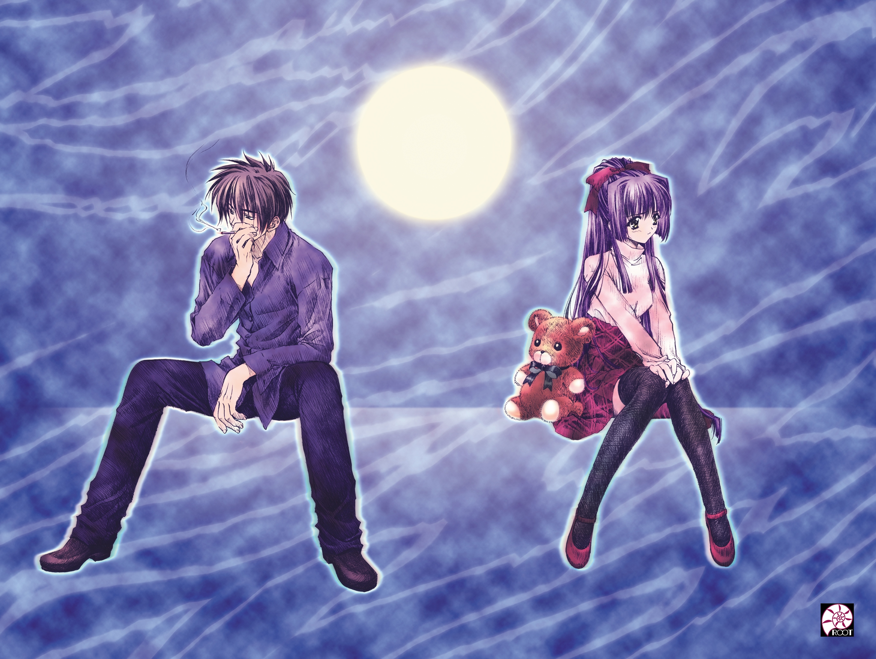carnelian, hayama kouichi, kuraki suzuna, kao no nai tsuki, highres, 00s, black shirt, blouse, blue hair, cigarette, hair intakes, holding, holding cigarette, knees together feet apart, plaid clothes, plaid skirt, ponytail, purple hair, ribbon, shirt, skirt, sweater, thighhighs, white sweater
