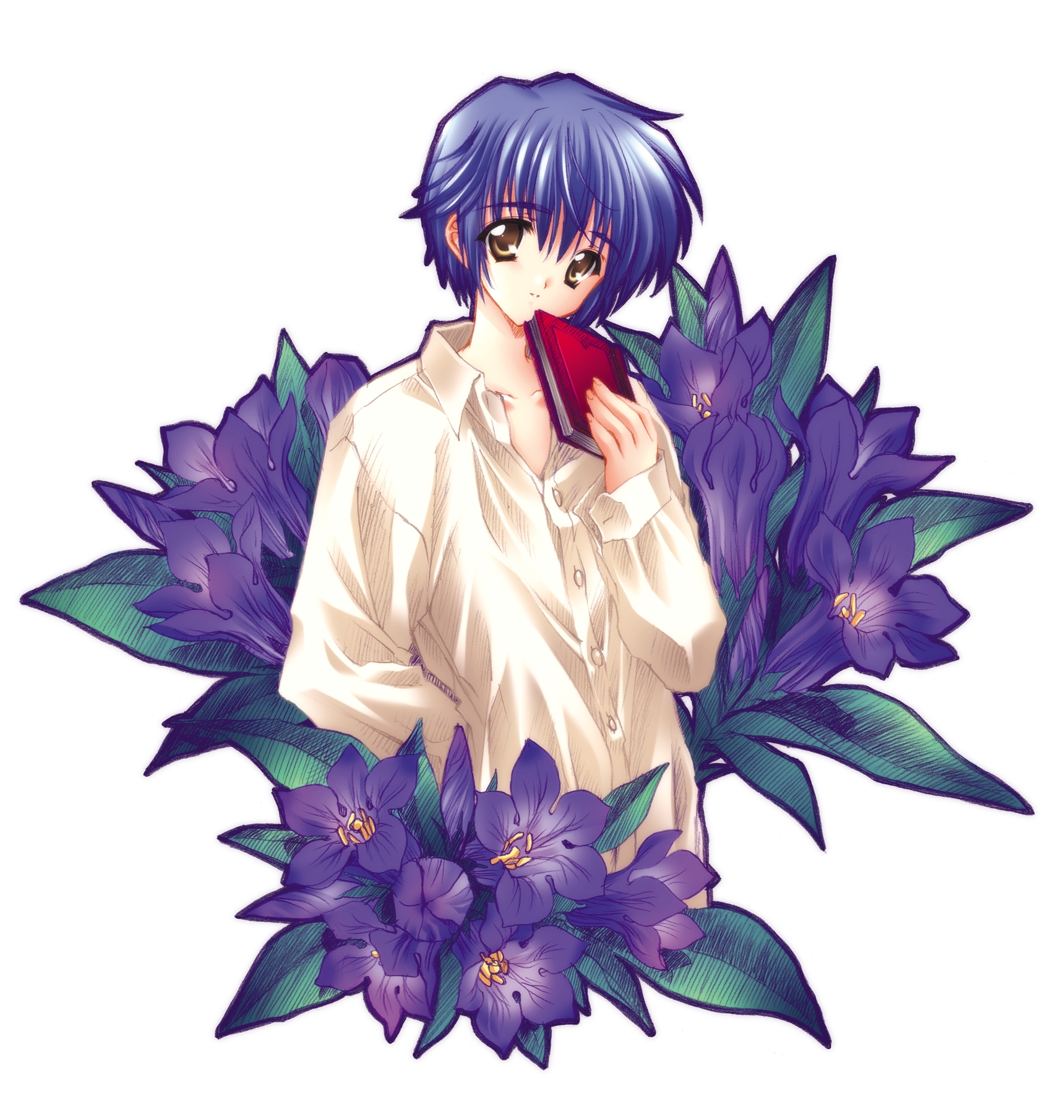carnelian, azuma io, kao no nai tsuki, highres, 00s, 1boy, bellflower, blue hair, book, flower, gentiana (flower), head tilt, male focus, short hair, solo
