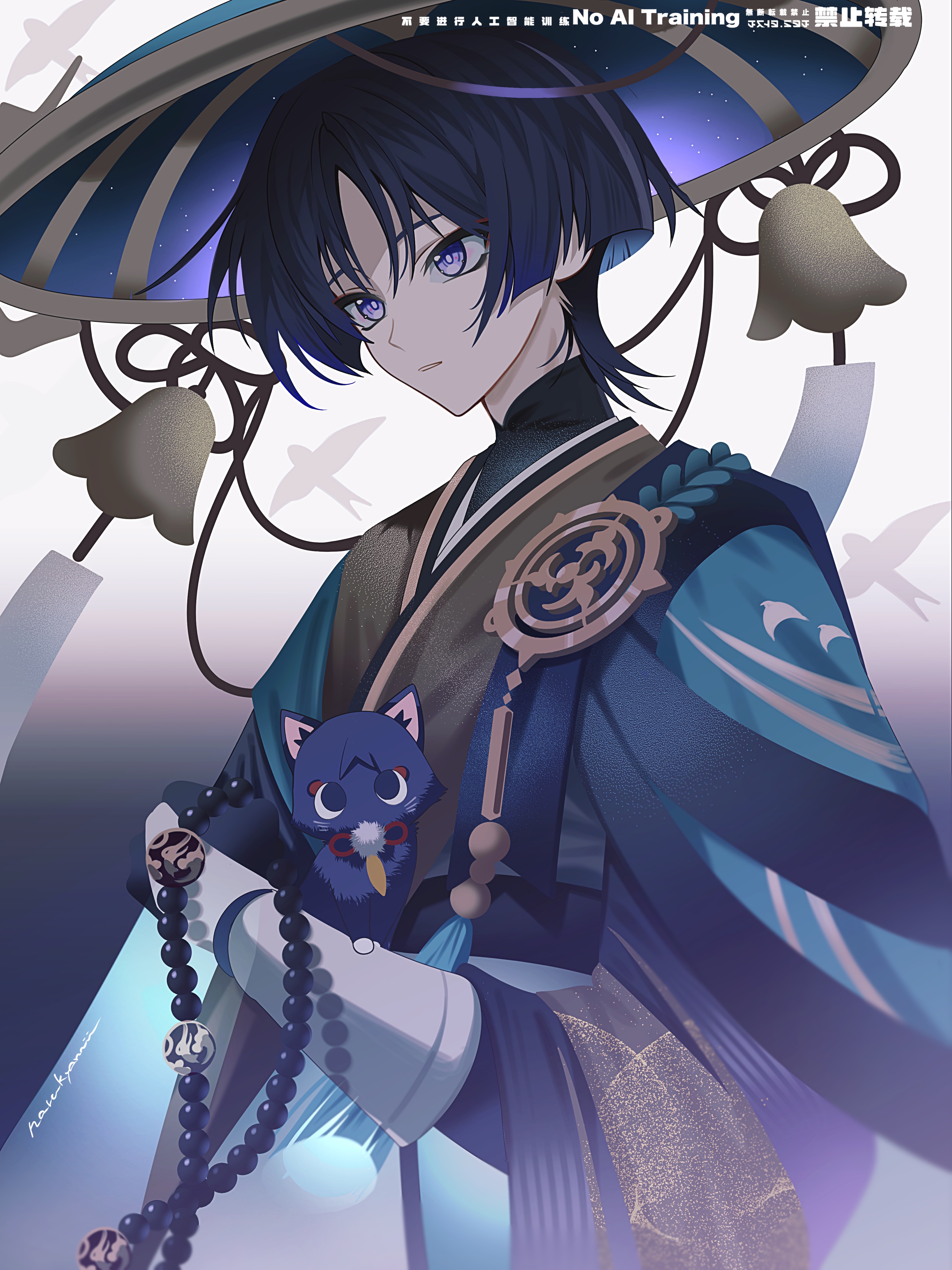 naru9, scaramouche (cat) (genshin impact), scaramouche (genshin impact), wanderer (genshin impact), genshin impact, absurdres, highres, 1boy, beads, black gloves, black hair, brown kimono, gloves, hat, japanese clothes, jingasa, kimono, long sleeves, male focus, purple eyes, short hair, solo