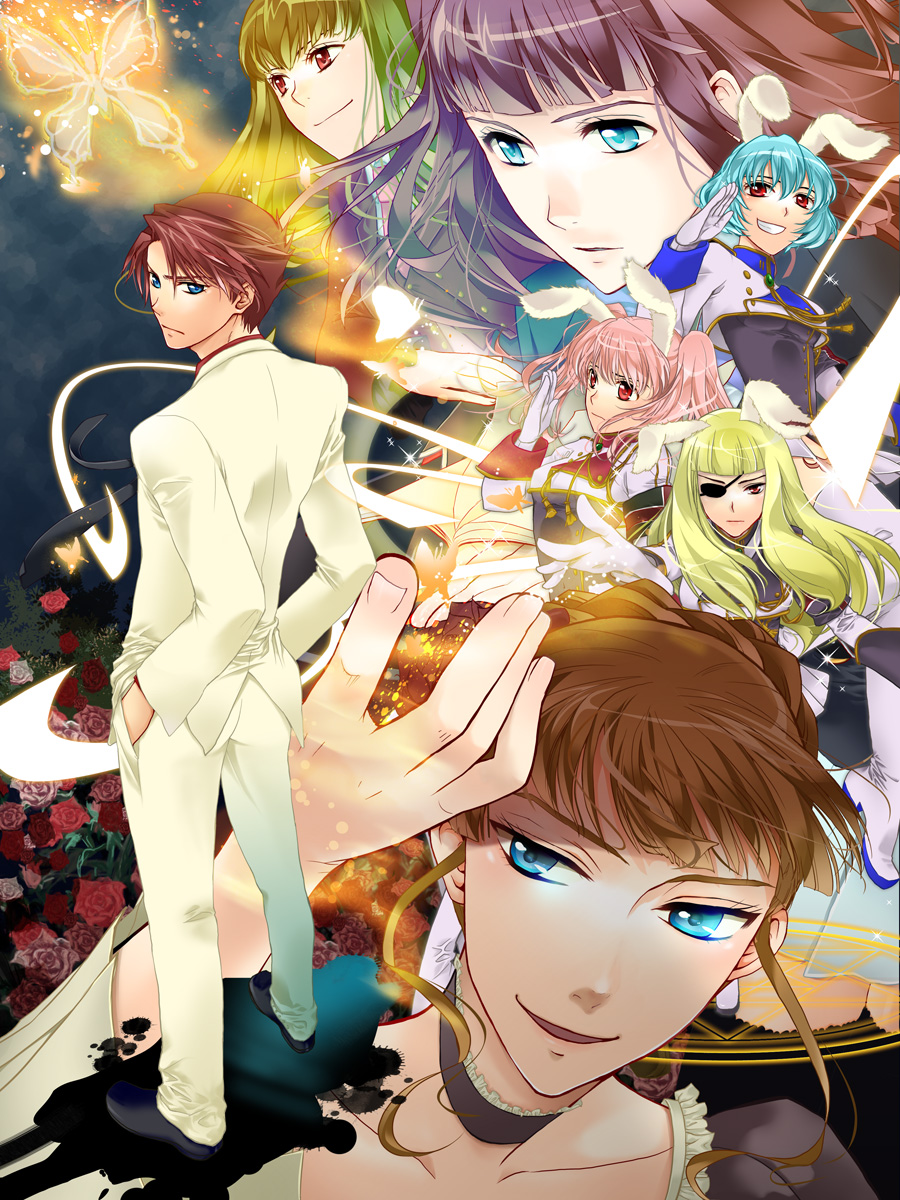 shikago, beatrice (umineko), chiester00, chiester410, chiester45, chiester sisters, mammon (umineko), stakes of purgatory, ushiromiya ange, ushiromiya battler, umineko no naku koro ni, bad id, bad pixiv id, highres, 00s, 1boy, 6+girls, animal ears, blonde hair, blue eyes, bug, butterfly, choker, eyepatch, flower, hair bobbles, hair ornament, insect, multiple girls, rabbit ears, red eyes, red hair, rose