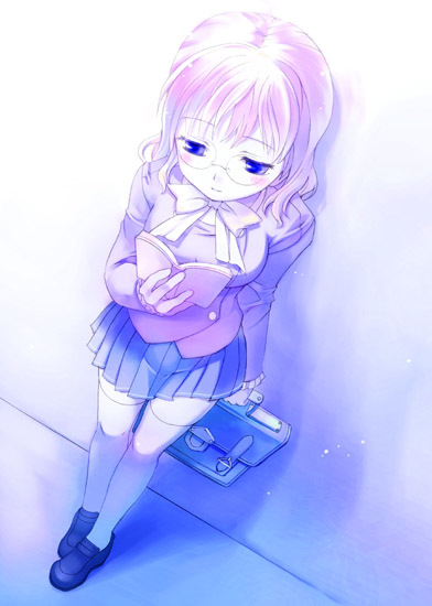 takeda mika, original, md5 mismatch, resolution mismatch, source larger, 1girl, blue eyes, blush, book, female focus, from above, glasses, long hair, open book, reading, ribbon, school uniform, solo, thighhighs