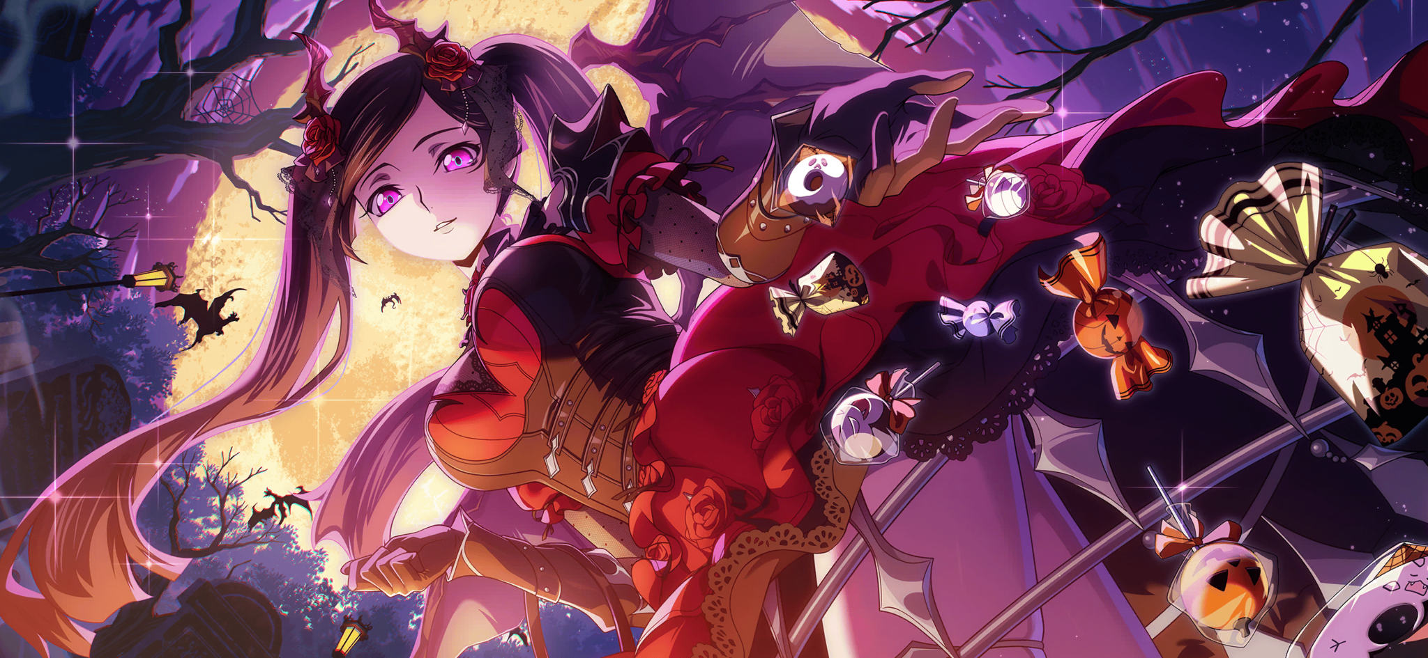 f4samurai, sumeragi sakuya, code geass, code geass: dakkan no roze, code geass: lost stories, highres, non-web source, official art, 1girl, black hair, candy, food, halloween, halloween costume, long hair, looking at viewer, moon, multicolored hair, night, pink eyes, solo, twintails