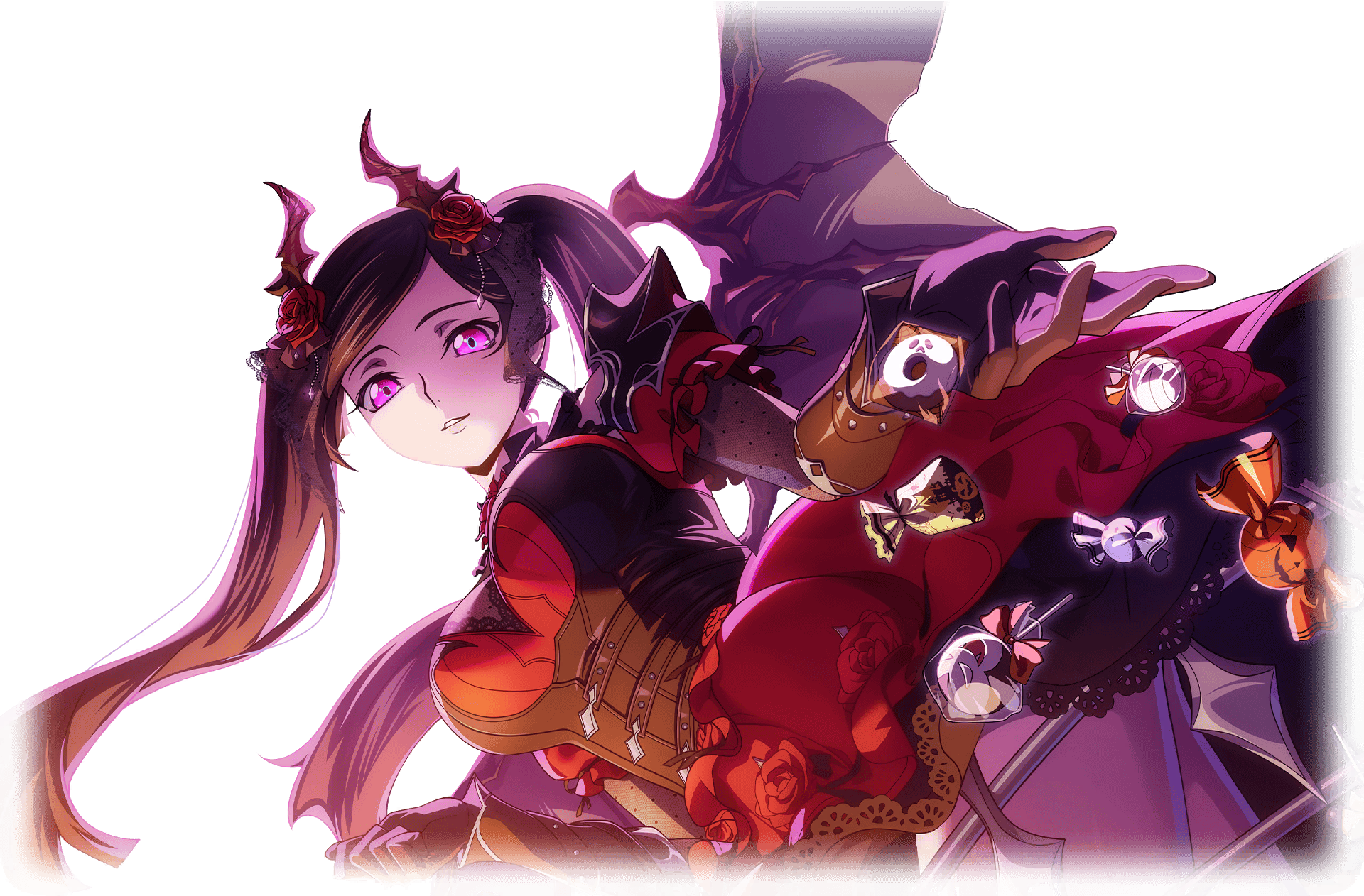 f4samurai, sumeragi sakuya, code geass, code geass: dakkan no roze, code geass: lost stories, highres, non-web source, official art, 1girl, black hair, candy, food, halloween, halloween costume, long hair, looking at viewer, multicolored hair, night, pink eyes, solo, twintails