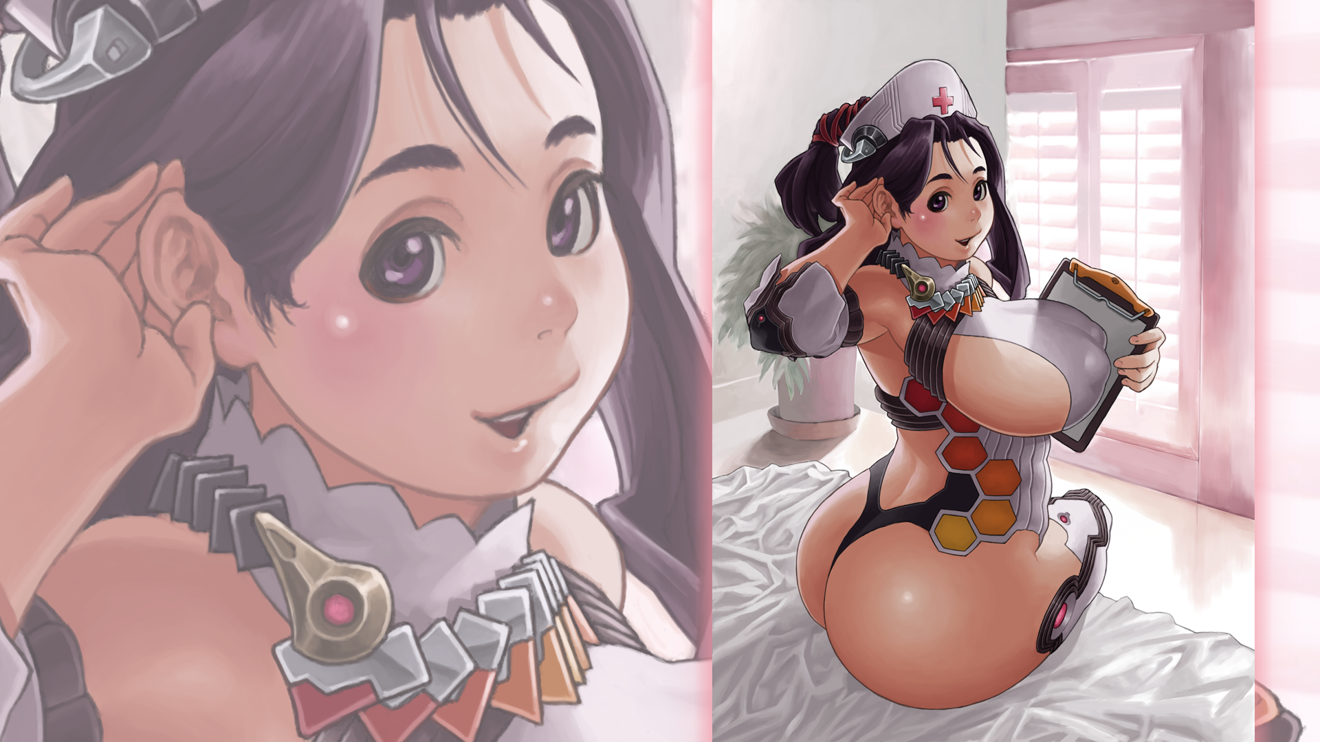sakai toshihiro, bad id, bad pixiv id, highres, 1girl, ass, black hair, blush, breasts, clipboard, curvy, female focus, hat, huge ass, huge breasts, long hair, looking back, nipples, nurse, nurse cap, plump, puffy nipples, purple eyes, sideboob, sitting, solo, thighhighs