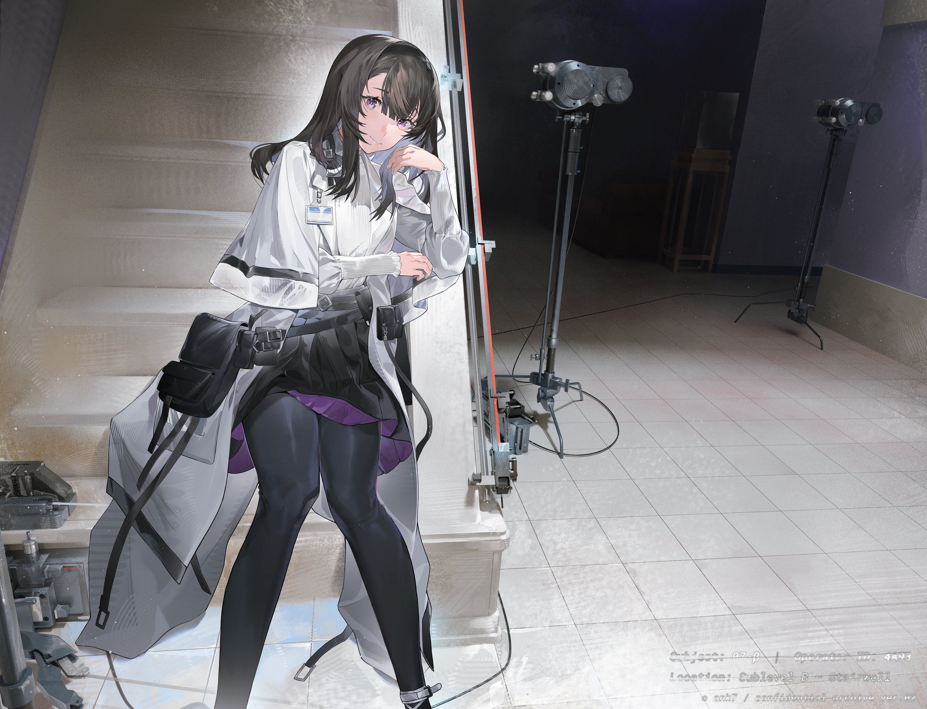 ananke 7, priestess (arknights), arknights, absurdres, highres, 1girl, black hair, black pantyhose, black skirt, closed mouth, coat, id card, indoors, lab coat, light particles, light smile, long sleeves, looking at viewer, medium hair, pantyhose, purple eyes, skirt, solo, stairs, standing, sweater, white coat, white sweater