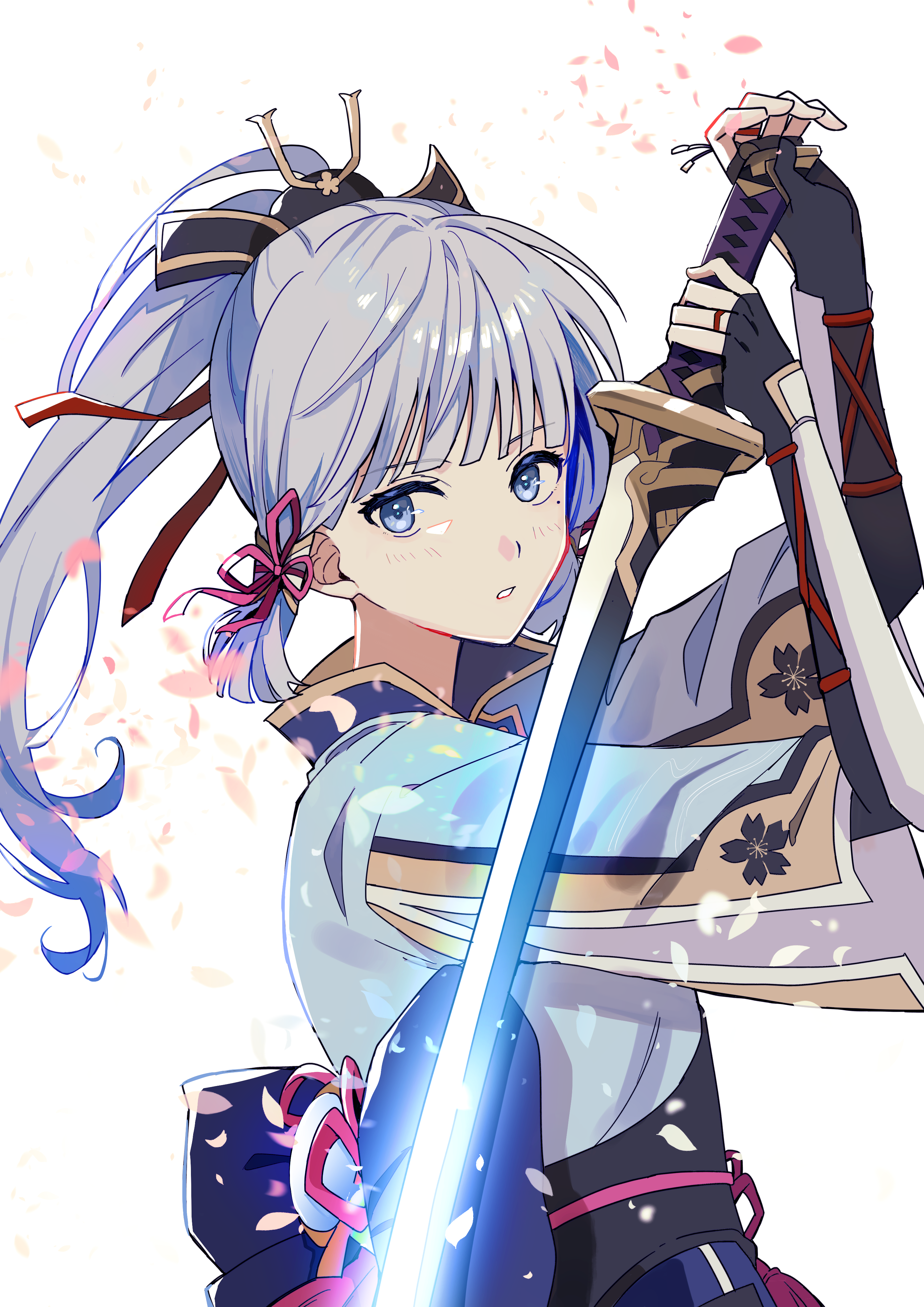 shian (nyahunya), ayaka (genshin impact), genshin impact, absurdres, commentary request, highres, 1girl, amenoma kageuchi (genshin impact), armor, black gloves, blue eyes, blue hair, blunt bangs, blush, breastplate, fingerless gloves, gloves, hair ribbon, holding, holding sword, holding weapon, looking at viewer, mole, mole under eye, parted lips, petals, ponytail, ribbon, sidelocks, solo, sword, vambraces, weapon