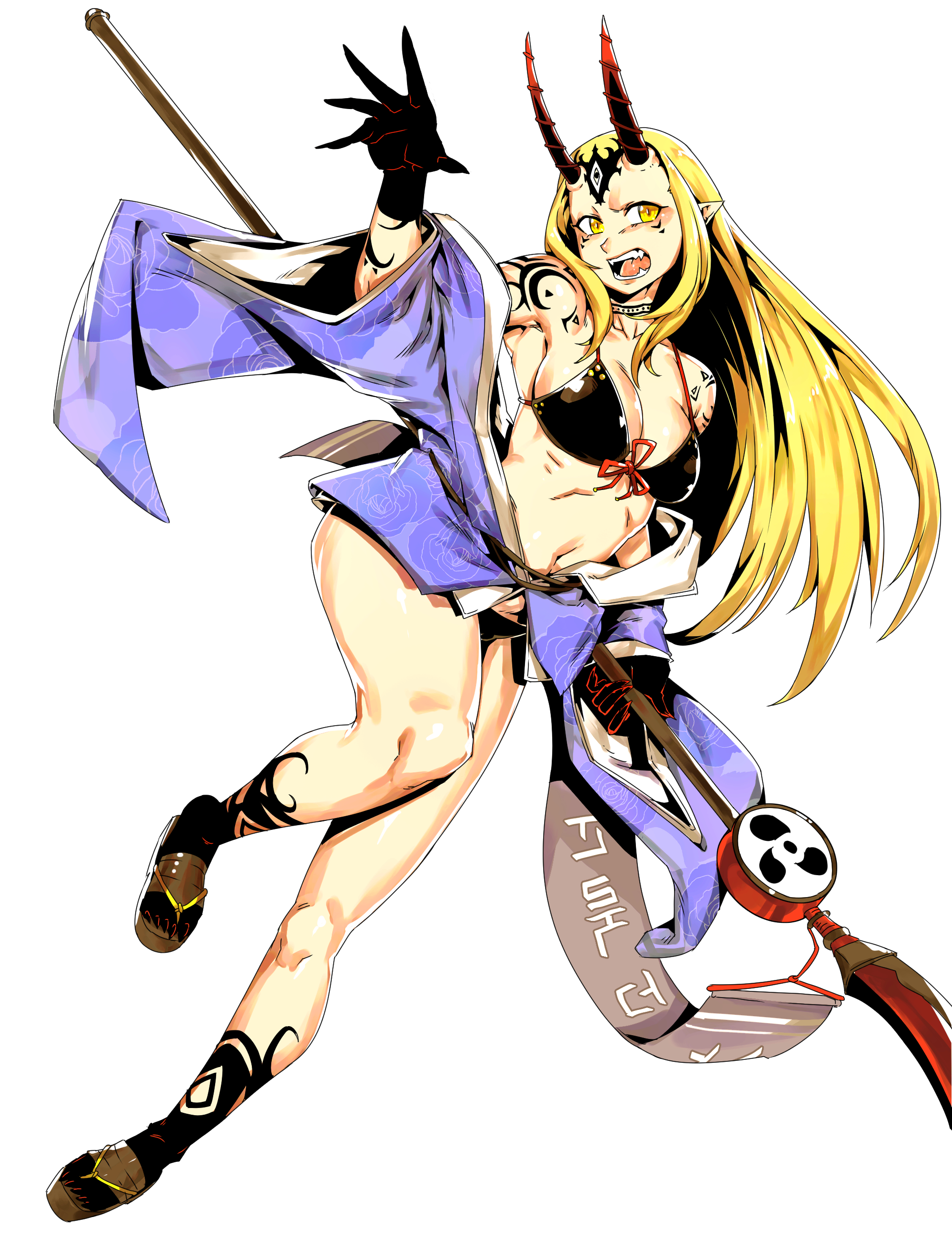 minew, ibaraki douji (fate), ibaraki douji (swimsuit lancer) (first ascension) (fate), fate/grand order, fate (series), ibaraki douji (swimsuit lancer) (fate), absurdres, highres, 1girl, bare shoulders, bikini, black bikini, blonde hair, blue kimono, breasts, facial mark, forehead, forehead mark, hair pulled back, horns, japanese clothes, kimono, long hair, long sleeves, looking at viewer, naginata, navel, off shoulder, oni, open mouth, polearm, sandals, short kimono, small breasts, solo, swimsuit, tattoo, weapon, wide sleeves, yellow eyes