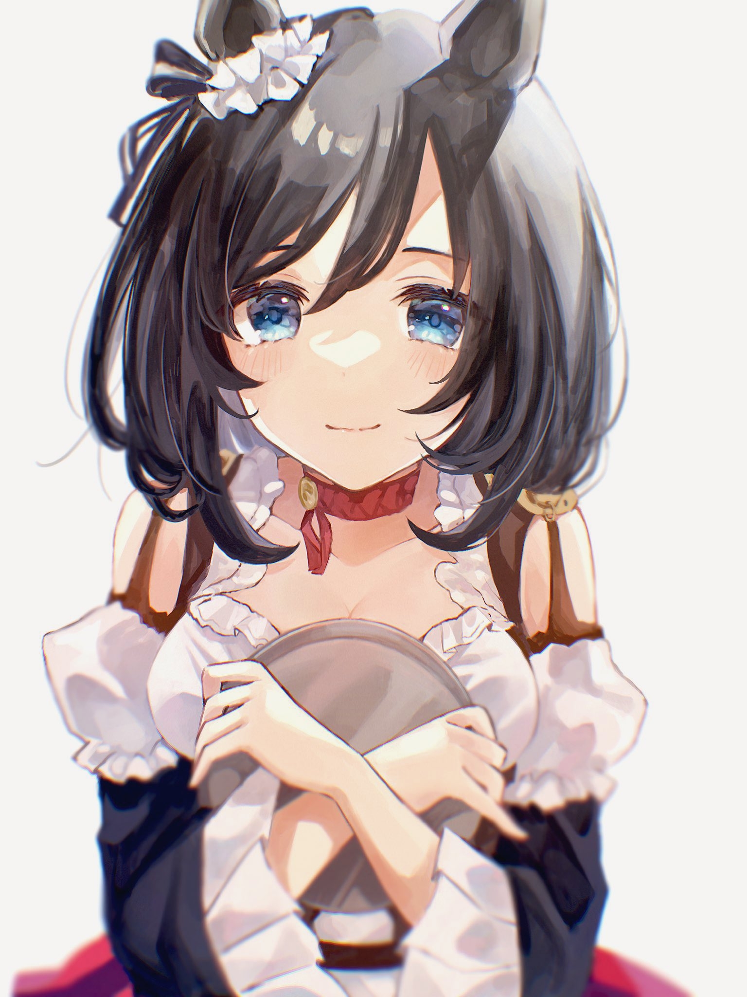 rua (idv), eishin flash (meisterschaft) (umamusume), eishin flash (umamusume), umamusume, commentary request, highres, 1girl, animal ears, black hair, blue eyes, breasts, choker, cleavage, detached sleeves, dirndl, ear ornament, german clothes, grey background, hair between eyes, horse ears, horse girl, looking at viewer, red choker, simple background, smile, upper body