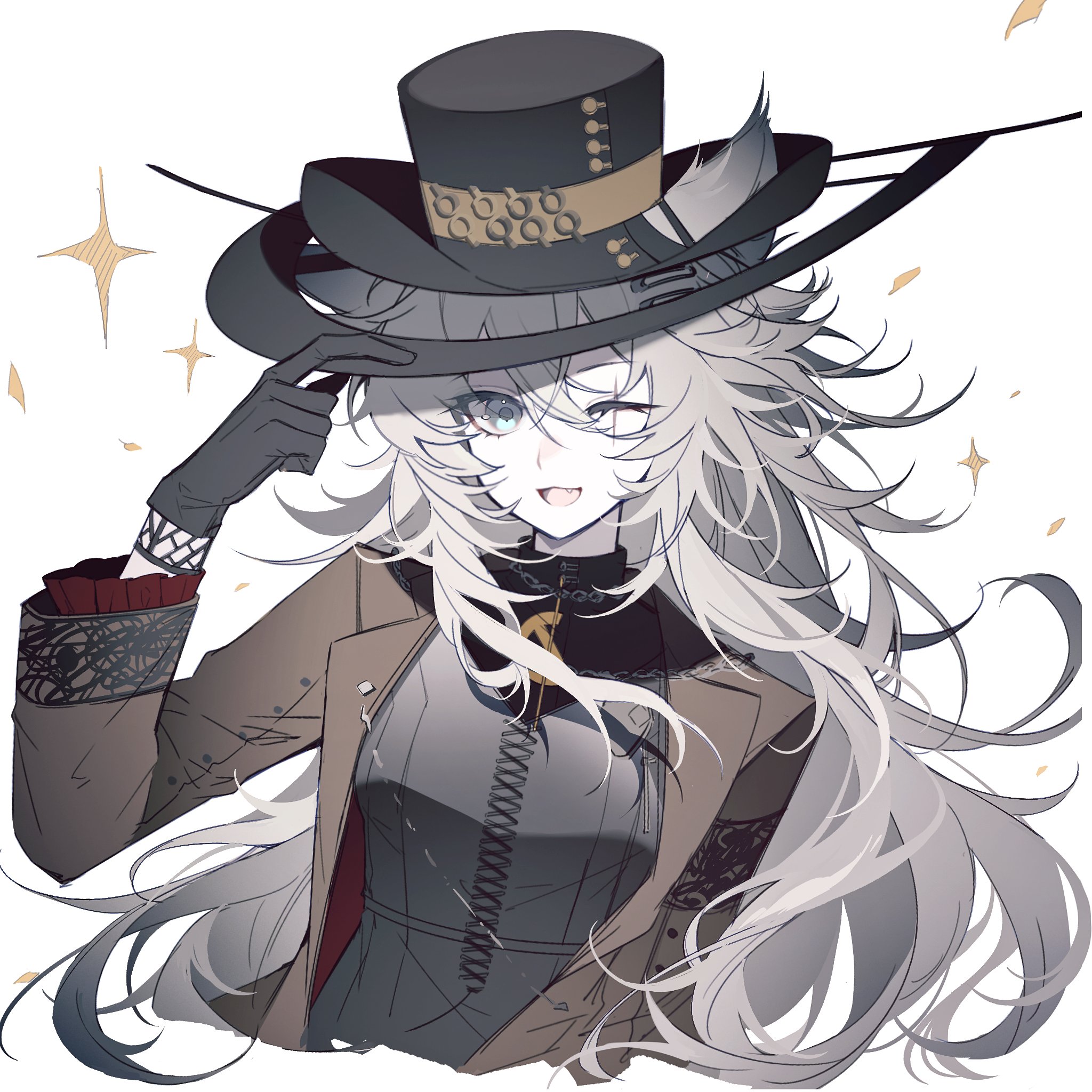 lappland (arknights), arknights, hashtag-only commentary, highres, 1girl, ;d, black dress, black gloves, black hat, blue eyes, brown jacket, cropped torso, dress, fang, gloves, grey hair, hair between eyes, hat, hat tip, jacket, kuraudoberi, long hair, long sleeves, one eye closed, open clothes, open jacket, open mouth, scar, scar across eye, scar on face, simple background, smile, solo, sparkle, white background