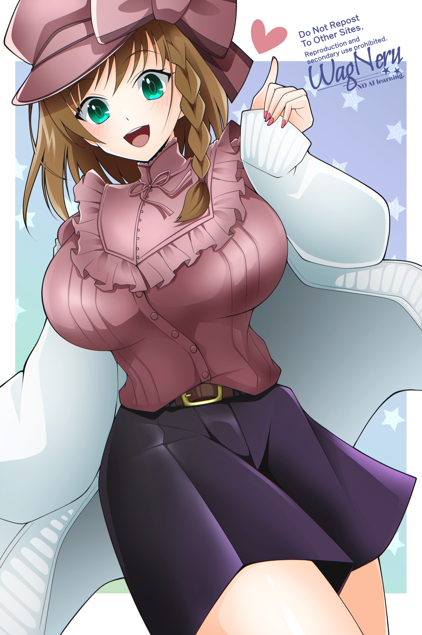 wagu neru, charlotte corday (fate), charlotte corday (still in the middle of the trip) (fate), fate/grand order, fate (series), highres, 1girl, belt, black skirt, braid, breasts, brown hair, green eyes, hat, heart, jacket, large breasts, long sleeves, looking at viewer, open mouth, pink hat, pink shirt, shirt, short hair, side braid, skirt, smile, solo, white jacket