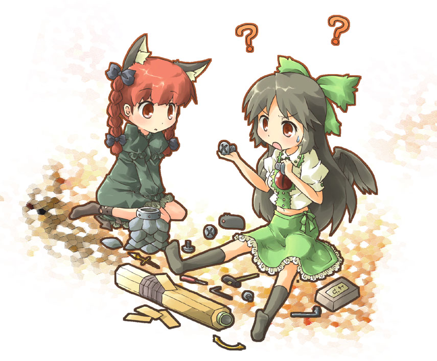 ara ta, harada (sansei rain), kaenbyou rin, reiuji utsuho, touhou, bad id, bad pixiv id, 2girls, ?, animal ears, black hair, braid, disassembly, female focus, long hair, multiple girls, red eyes, red hair, screw, socks, tools, twintails, wings