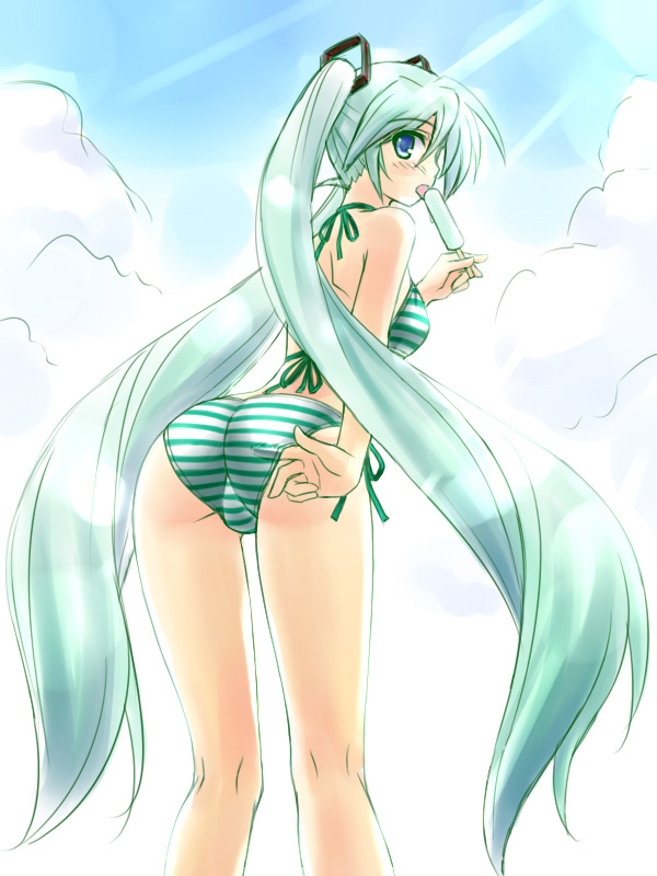 masakichi (crossroad), hatsune miku, project diva, project diva (series), vocaloid, adjusting clothes, adjusting swimsuit, aqua hair, ass, bikini, blue eyes, food, green hair, long hair, looking back, popsicle, solo, striped bikini, striped clothes, swimsuit, twintails