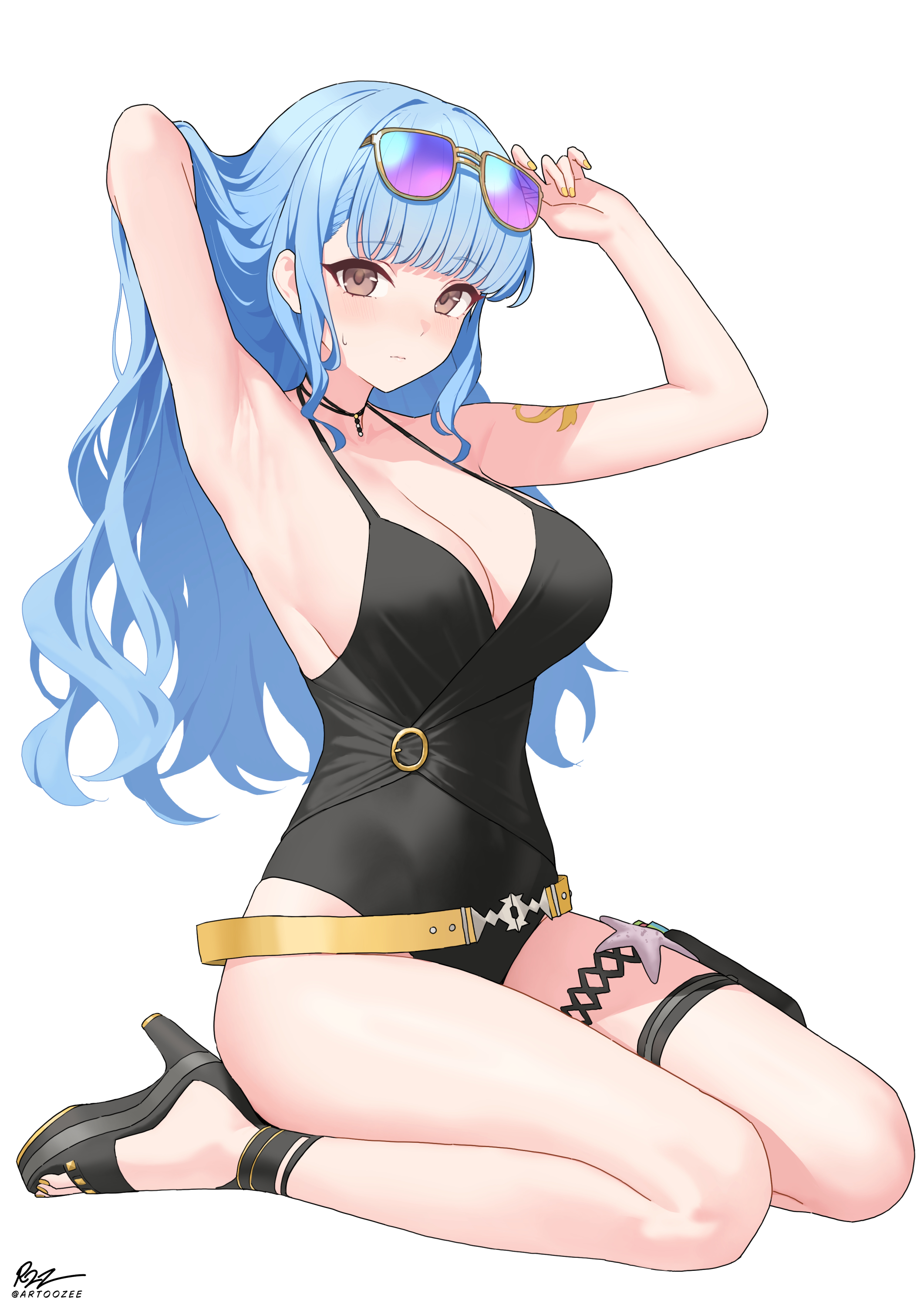 dhokidoki, gold ship (run revolt launcher) (umamusume), gold ship (umamusume), marianne von edmund, fire emblem, fire emblem: three houses, fire emblem warriors: three hopes, nintendo, umamusume, absurdres, commentary, commission, english commentary, highres, 1girl, alternate costume, arm behind head, armpits, arms up, bare arms, bare legs, bare shoulders, belt, black one-piece swimsuit, black sandals, blue hair, breasts, brown eyes, cleavage, closed mouth, cosplay, eyewear on head, gold ship (umamusume) (cosplay), high heels, kneeling, large breasts, long hair, looking at viewer, loose belt, nail polish, official alternate hairstyle, one-piece swimsuit, sandals, simple background, solo, spaghetti strap, sunglasses, swimsuit, thigh strap, thighs, toenail polish, toenails, wavy hair, white background, yellow nails