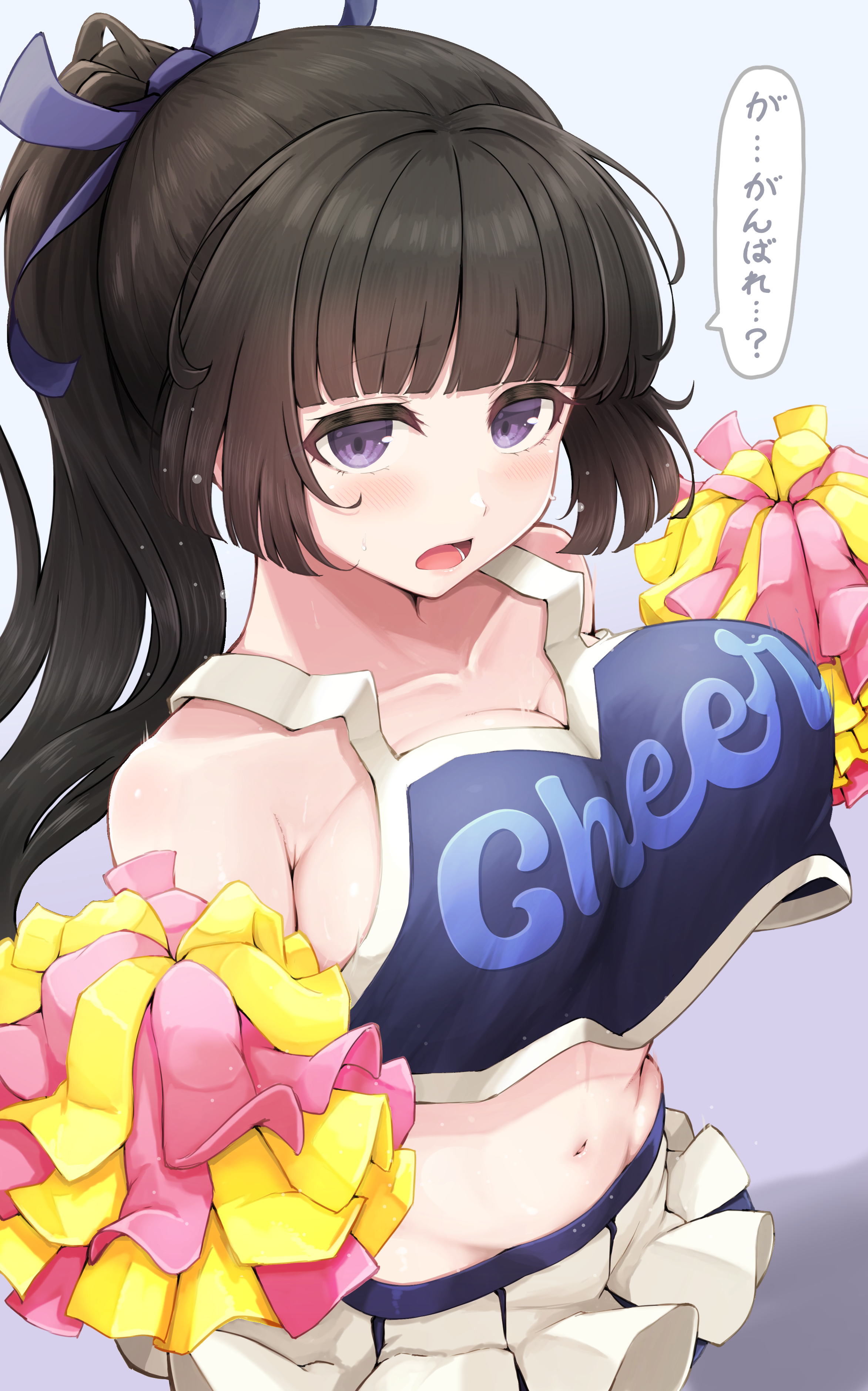 temari rin, shirokane rinko, bang dream!, absurdres, highres, translation request, 1girl, bare shoulders, blue bow, blue shirt, blush, bow, breasts, brown hair, cheerleader, crop top, crop top overhang, cropped shirt, holding, holding pom poms, large breasts, long hair, looking at viewer, midriff, miniskirt, navel, open mouth, pleated skirt, pom pom (cheerleading), pom poms, purple eyes, shirt, simple background, skirt, solo, speech bubble, white background, white skirt
