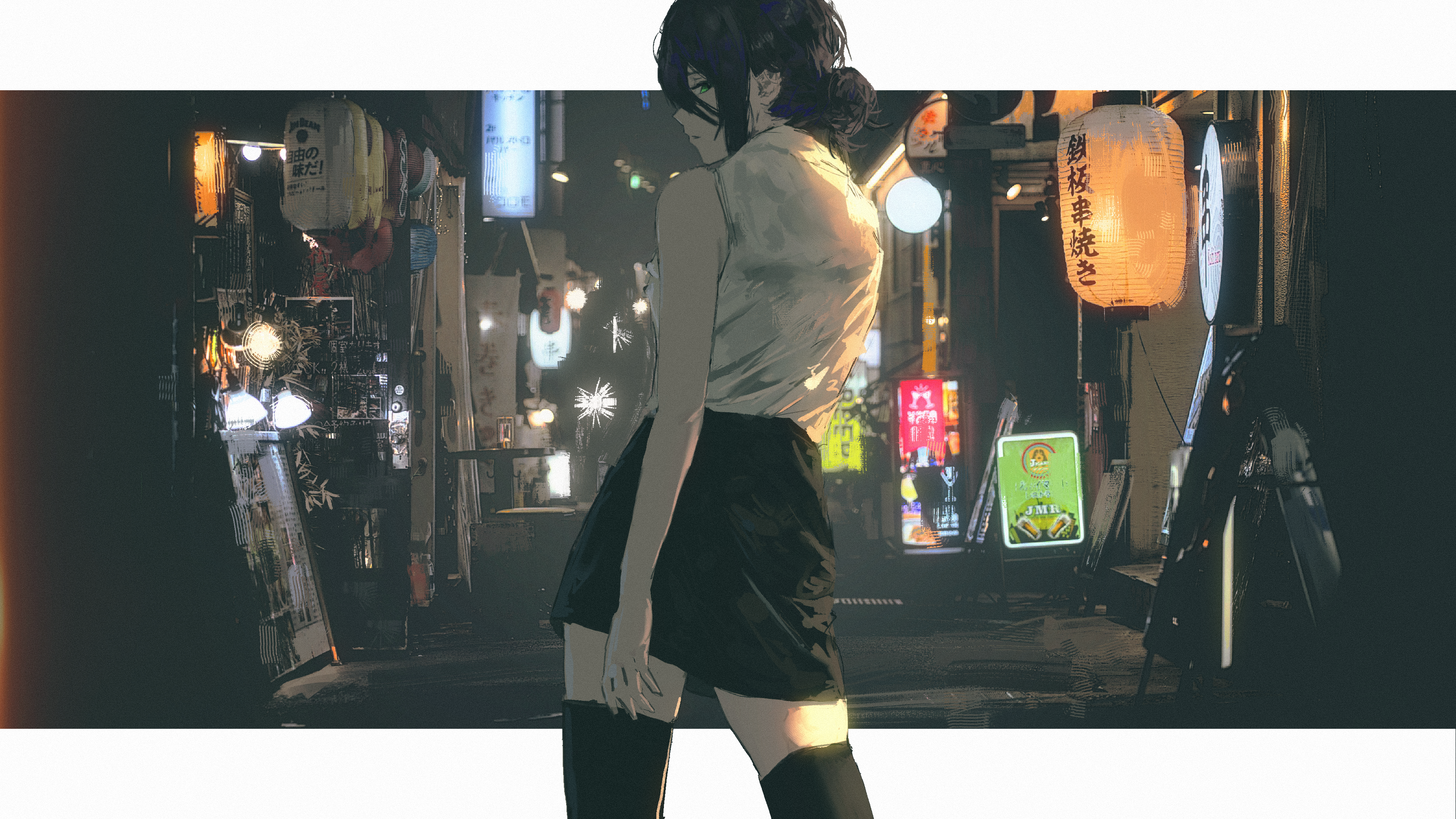 shiej007, reze (chainsaw man), chainsaw man, absurdres, commentary, highres, 1girl, black hair, black skirt, black thighhighs, from behind, hair between eyes, letterboxed, long hair between eyes, looking back, outside border, photo background, shirt, short hair, skirt, sleeveless, sleeveless shirt, solo, thighhighs, white shirt, zettai ryouiki