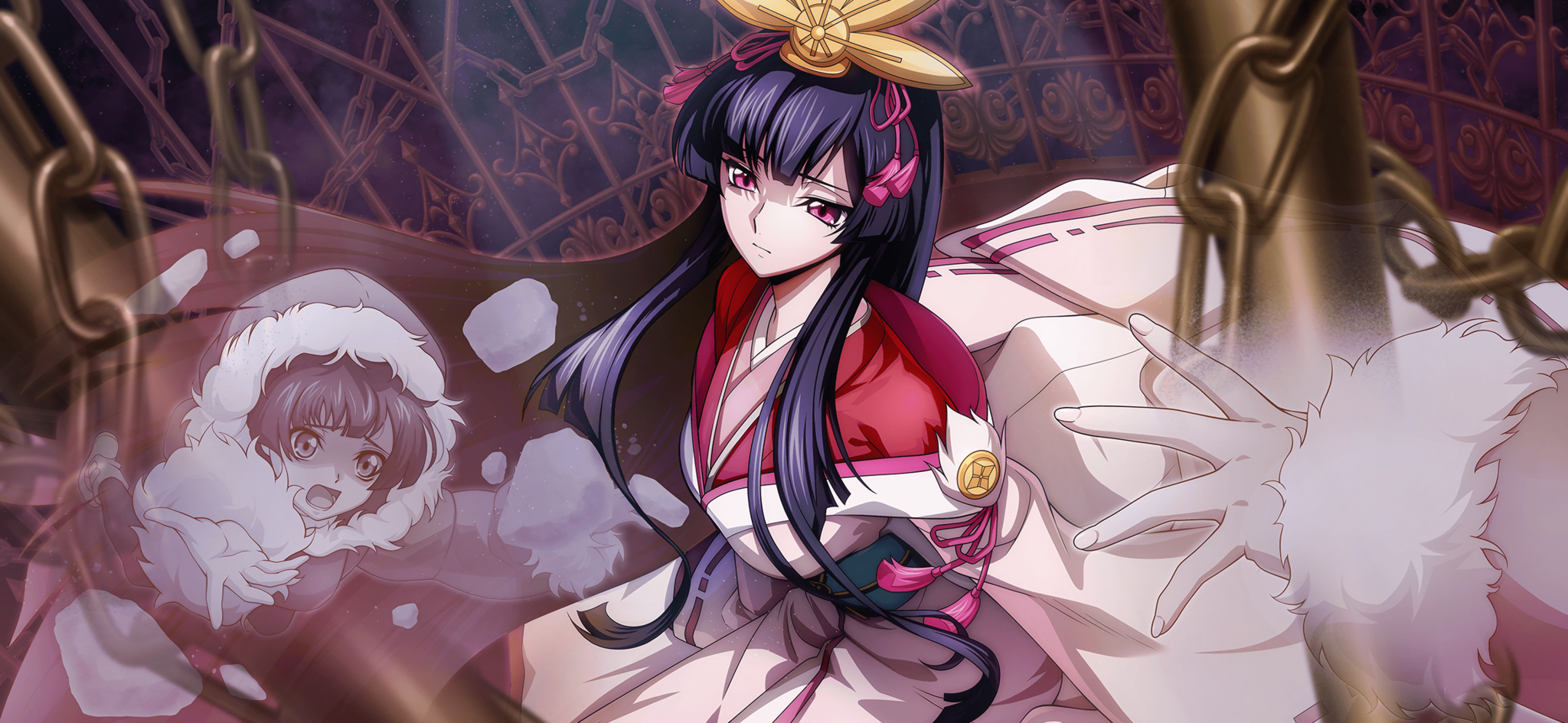 f4samurai, haruyanagininomiya sakura, code geass, code geass: dakkan no roze, code geass: lost stories, game cg, highres, non-web source, official art, 1girl, black hair, closed mouth, floral print, floral print kimono, japanese clothes, kimono, long hair, obi, pink eyes, pink hair, pink kimono, print kimono, sad, sash, sidelocks, solo