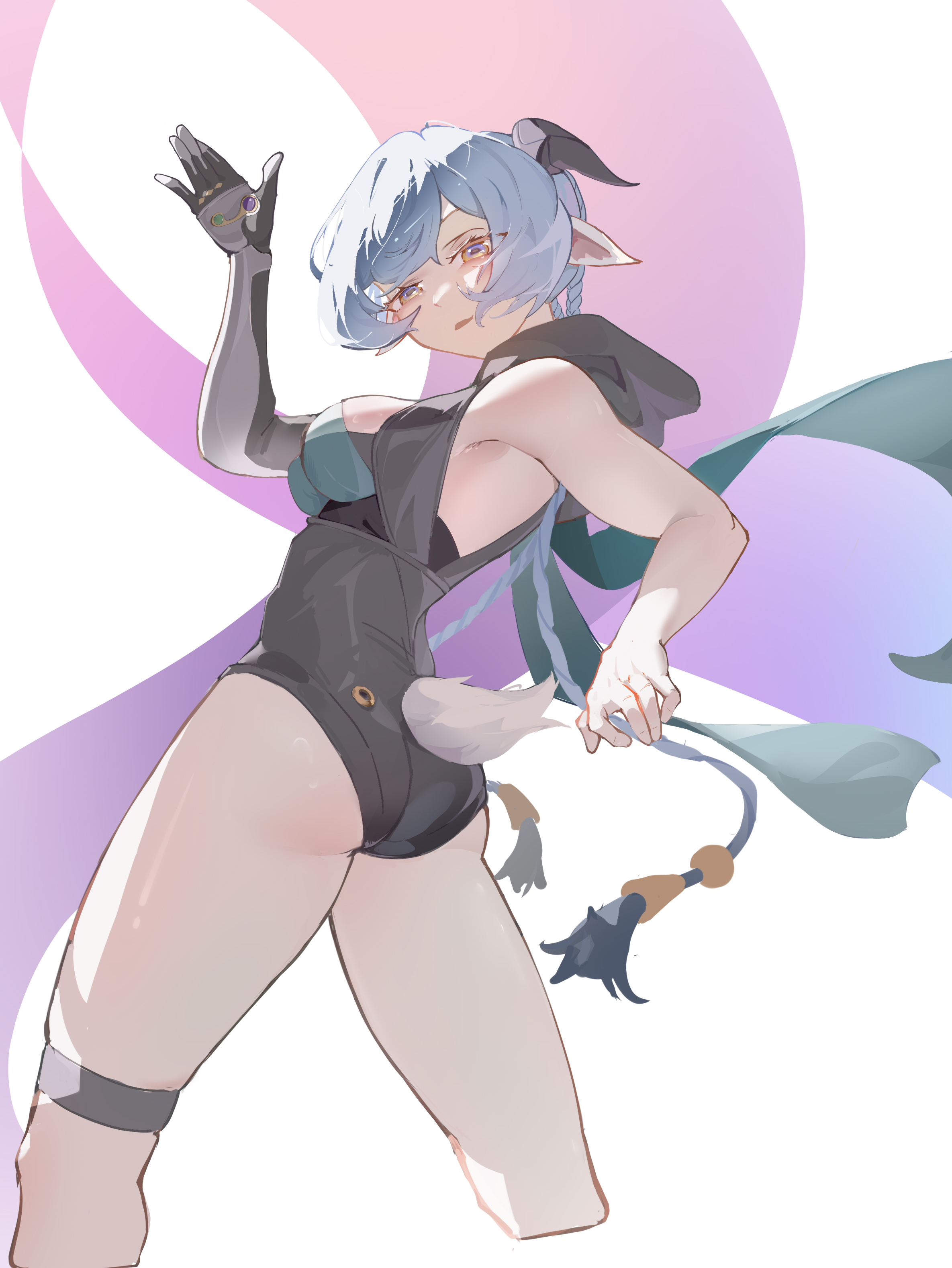 sumi momo, lucia elowen, zenless zone zero, absurdres, chinese commentary, commentary, highres, 1girl, 2, animal ears, ass, black horns, black unitard, blue hair, braid, breasts, cleavage, cropped legs, from side, goat ears, goat girl, goat horns, goat tail, hood, horizontal pupils, horns, knee strap, legs apart, long hair, medium breasts, open mouth, pointy ears, short tail, single bare shoulder, single sleeve, solo, tail, twin braids, waving, white background, yellow eyes