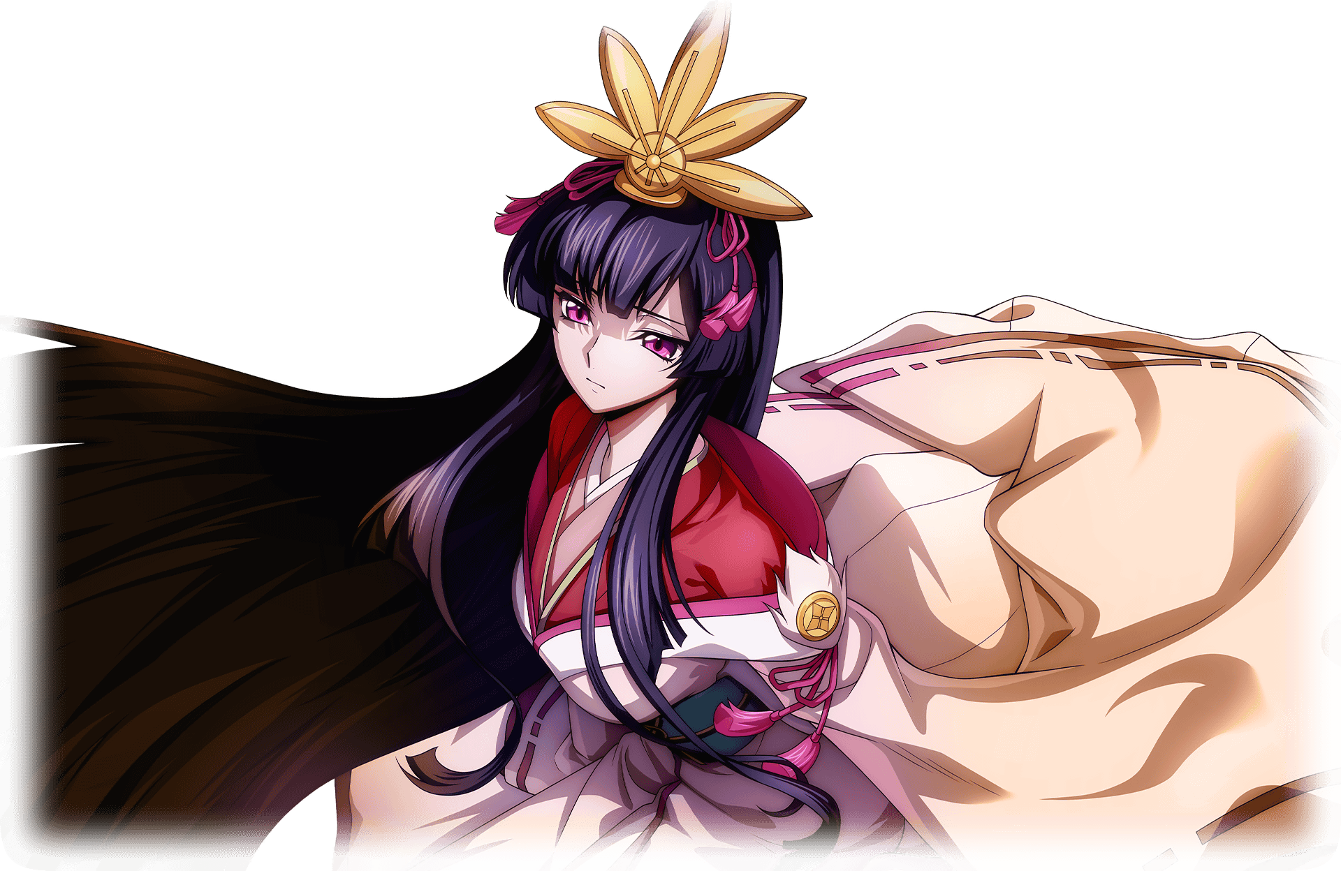 f4samurai, haruyanagininomiya sakura, code geass, code geass: dakkan no roze, code geass: lost stories, game cg, highres, non-web source, official art, 1girl, black hair, closed mouth, floral print, floral print kimono, japanese clothes, kimono, long hair, obi, pink eyes, pink hair, pink kimono, print kimono, sad, sash, sidelocks, solo