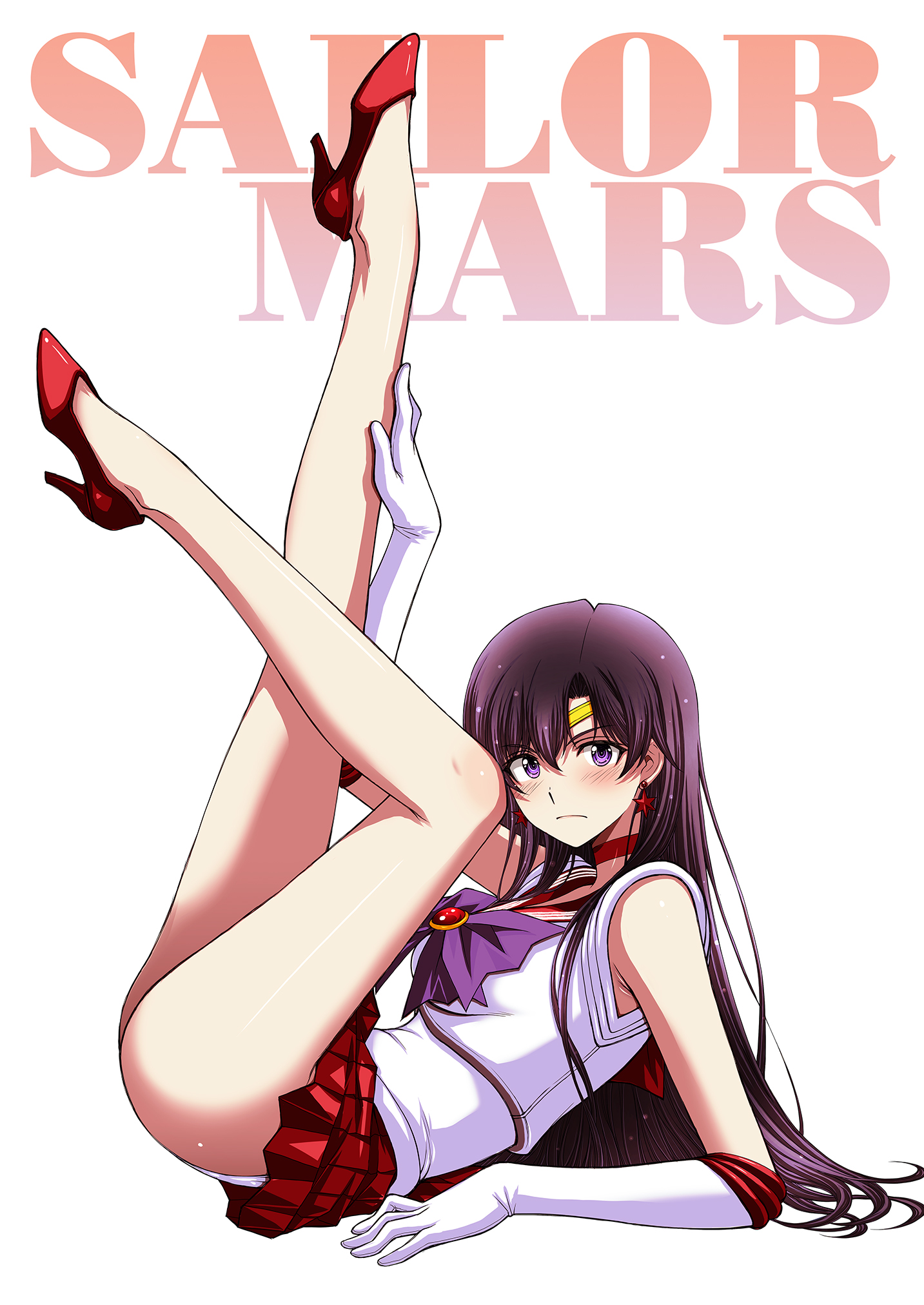 kitahara aki, hino rei, sailor mars, bishoujo senshi sailor moon, highres, 1girl, black hair, bow, breasts, choker, earrings, elbow gloves, english text, gloves, high heels, jewelry, knees up, long hair, magical girl, medium breasts, pleated skirt, purple bow, purple eyes, red choker, red sailor collar, red skirt, sailor collar, sailor senshi, sailor senshi uniform, skirt, smile, solo, white gloves