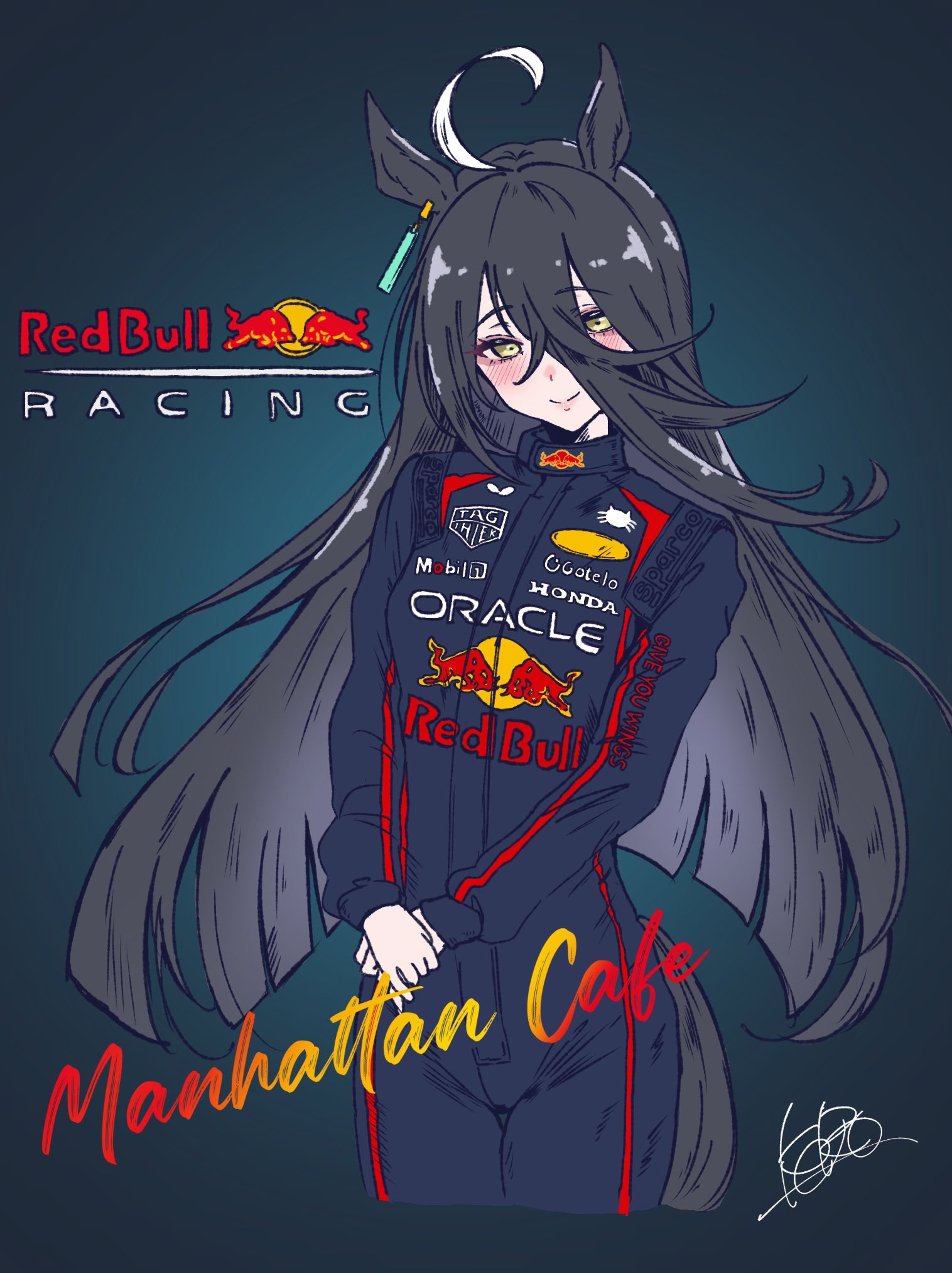 kerotan (belle reinedesu), manhattan cafe (umamusume), red bull, umamusume, highres, 1girl, animal ears, black hair, black jumpsuit, blush, car, closed mouth, formula racer, horse ears, horse girl, horse tail, jumpsuit, long bangs, long hair, looking at viewer, motor vehicle, race vehicle, racecar, racing suit, sidelocks, smile, solo, tail, very long hair, yellow eyes