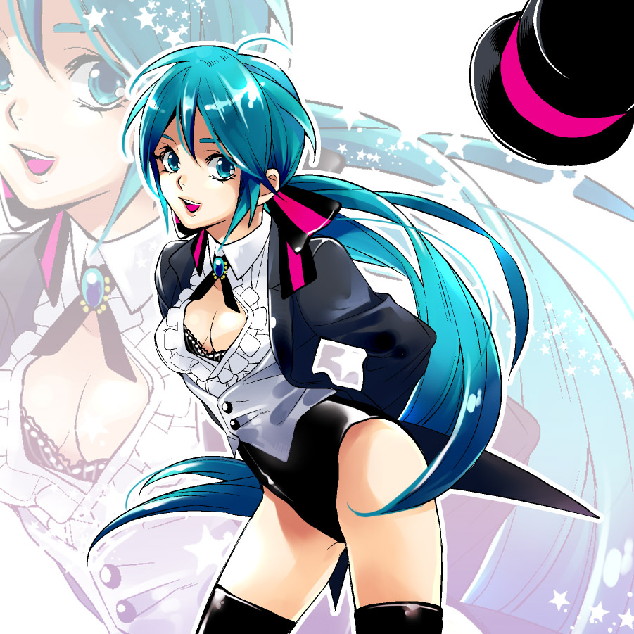 nakajou akira, hatsune miku, hatsune miku (magician), miracle paint (vocaloid), project diva, project diva (series), vocaloid, bad id, bad pixiv id, 1girl, alternate hairstyle, aqua eyes, aqua hair, breasts, cleavage, female focus, hair ribbon, hat, long hair, magician, medium breasts, ponytail, ribbon, smile, solo, thighhighs, top hat, zoom layer