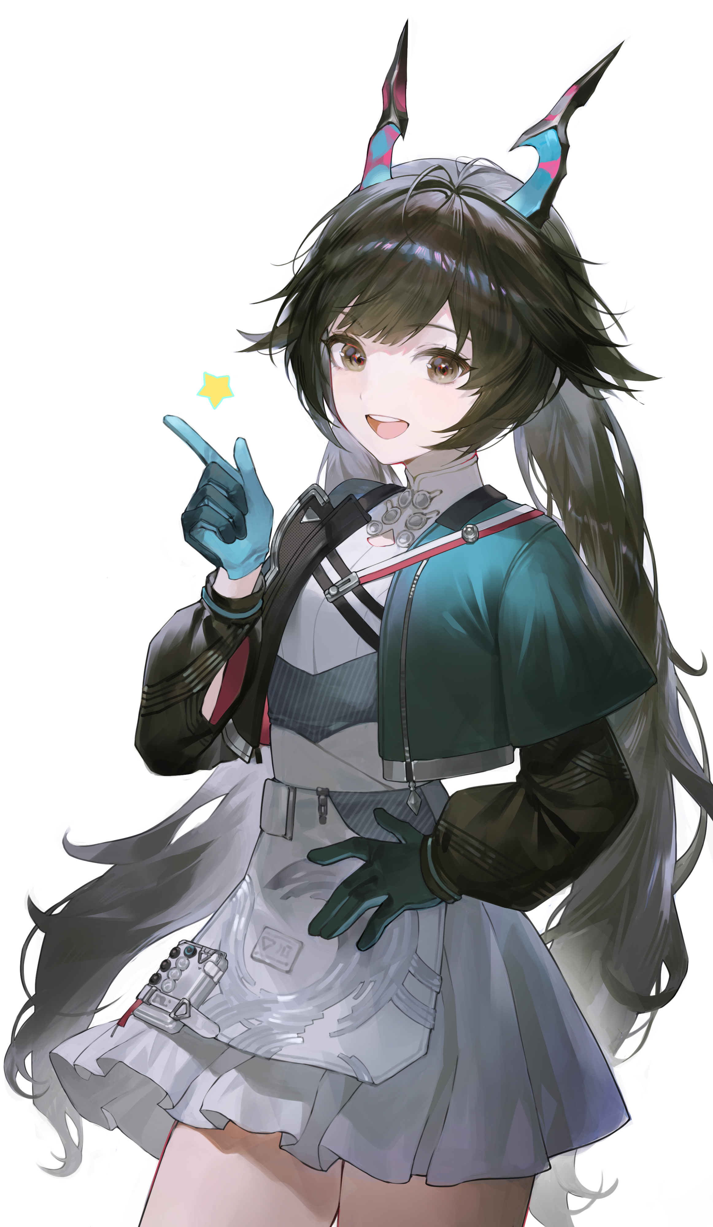 somok, chen qianyu (arknights), arknights, arknights: endfield, absurdres, commentary, highres, 1girl, :d, black eyes, black gloves, black hair, blue gloves, gloves, hand on own hip, horns, long hair, long sleeves, looking at viewer, open mouth, round teeth, shirt, simple background, skirt, smile, solo, star (symbol), teeth, upper teeth only, very long hair, white background, white shirt, white skirt